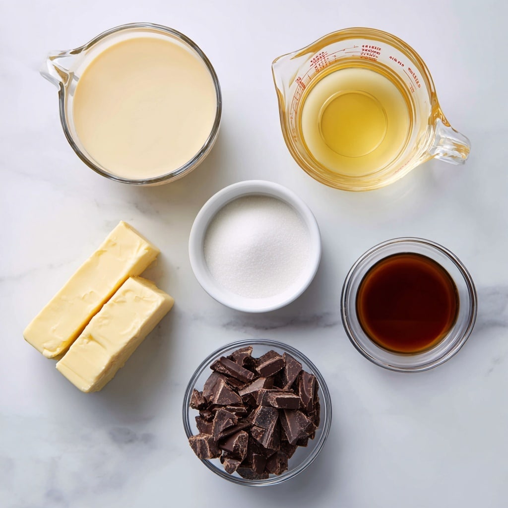 The image shows six ingredients arranged on a white marbled surface. At the top left is a clear glass measuring cup with cream, beige and smooth, next to it on the right is another clear glass measuring cup with light yellow corn syrup. Below these, on the left side, are two sticks of pale yellow butter stacked slightly at an angle, next to them on the right is a small white bowl filled with fine white sugar. Below the sugar and butter, near the bottom center, is a small clear bowl filled with dark chocolate chunks with rough texture. To the right of the chocolate, at the bottom right, is a small glass cup with dark brown vanilla extract. Everything is neatly placed with enough space between the items, photo taken with an iphone --ar 4:5 --v 7