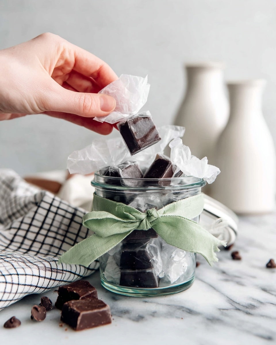 A woman's hand is holding a piece of dark brown fudge wrapped in white wax paper above a clear glass jar filled with similar wrapped fudge pieces, each having a smooth dark brown color with a shiny surface. The jar is tied around its neck with a soft green ribbon bow and set on a white marbled surface. Around the jar are loose pieces of dark brown fudge and a few chocolate chips. In the blurry background, there are three white ceramic bottles with different shapes and sizes. A white and black checkered cloth is casually placed next to the jar. Photo taken with an iphone --ar 4:5 --v 7