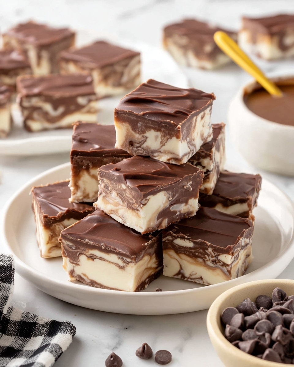 This image shows a stack of square layered fudge pieces on a white plate, each piece having three layers: a bottom white creamy layer, a middle marbled layer mixing light brown and white swirls, and a top glossy dark brown chocolate layer that looks smooth with slight waves. Behind the plate, there is another white plate with more fudge pieces blurred in the background. To the right, a white bowl with chocolate syrup and a yellow spoon is visible. In the foreground, a small beige bowl filled with dark chocolate chips and some scattered chips can be seen on a white marbled surface, along with a black and white checkered cloth. Photo taken with an iphone --ar 4:5 --v 7