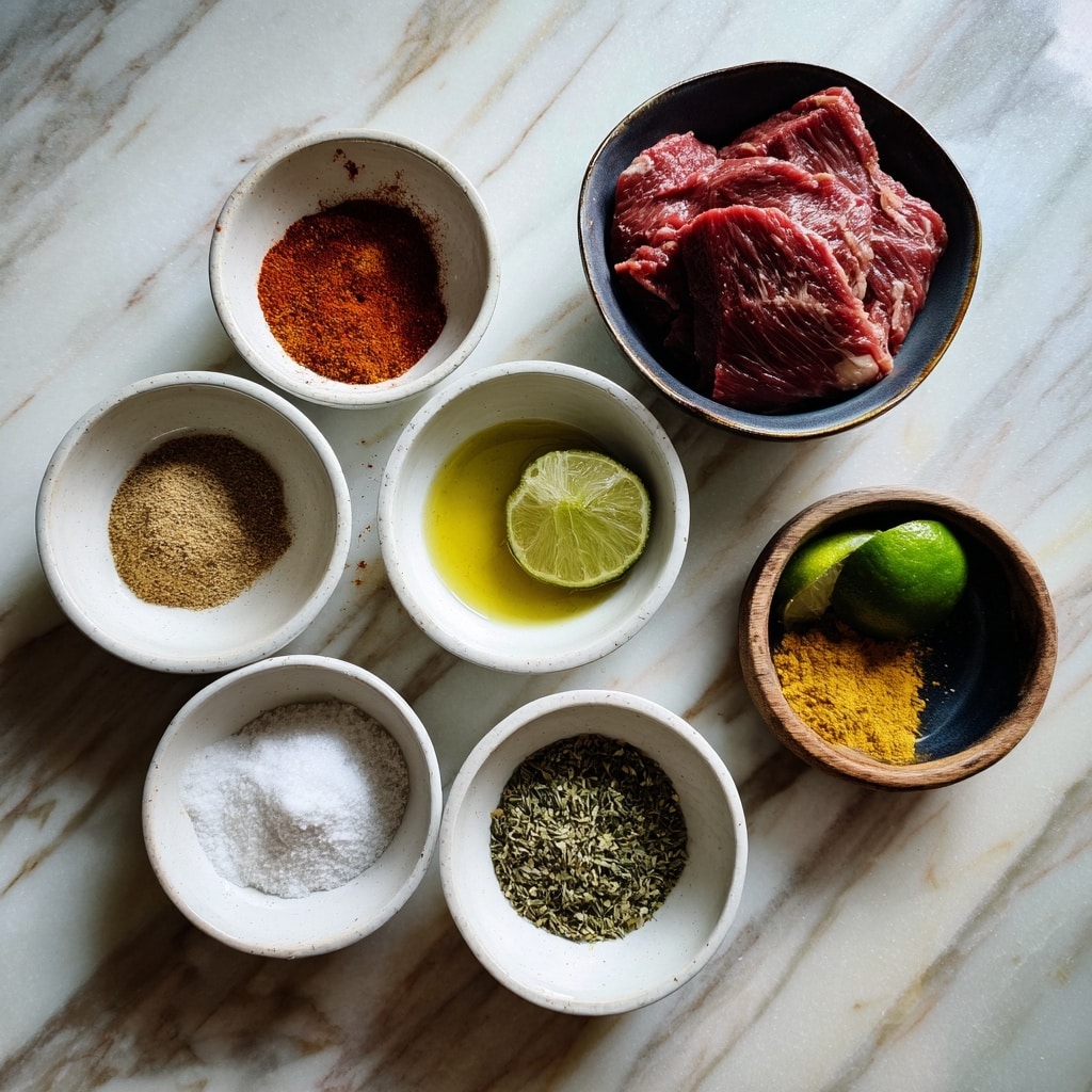The dish shows a sliced steak with a dark brown charred outside layer and a reddish-pink inside, arranged in parallel on a white plate. The steak has a shiny, slightly oily texture with small green herb pieces sprinkled on top. Around the steak, there are bright green lime wedges placed at the top and left edges of the plate. The plate rests on a white marbled surface, and warm lighting highlights the steak’s juicy texture and grill marks. Photo taken with an iphone --ar 4:5 --v 7