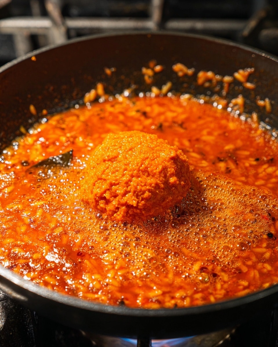 The image shows a close-up of a black pan filled with boiling, rich orange-red sauce mixed with rice grains. In the center, there is a thick, rough-textured dollop of bright orange paste sitting on top of the bubbling sauce. The sauce has small bubbles across its surface, and there are hints of herbs and spices adding dark specks throughout. The pan is on a stove with parts of a metallic burner visible. The scene has a warm, vibrant look with a focus on the rich colors and textures of the cooking sauce. Photo taken with an iphone --ar 4:5 --v 7
