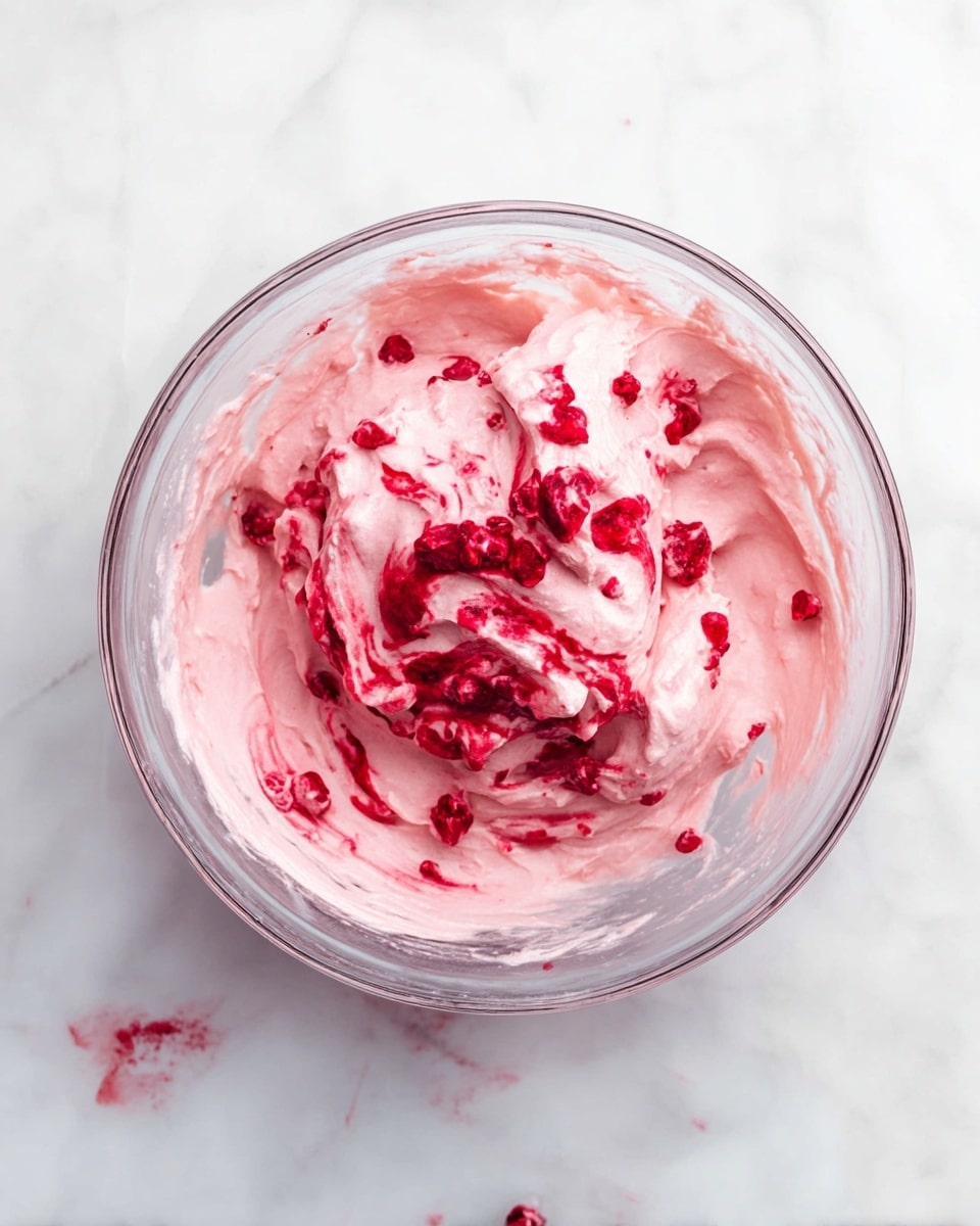 The image shows a clear glass bowl placed on a white marbled surface, filled with a light pink, creamy mixture that has a thick and smooth texture. The mixture contains bright red, slightly chunky fruit pieces swirled unevenly throughout, giving it a marbled look with both the soft pink base and bursts of vivid red. Some bits of the red fruit are stuck to the inside edges of the bowl, and a few small drops are on the marbled surface near the bowl. photo taken with an iphone --ar 4:5 --v 7