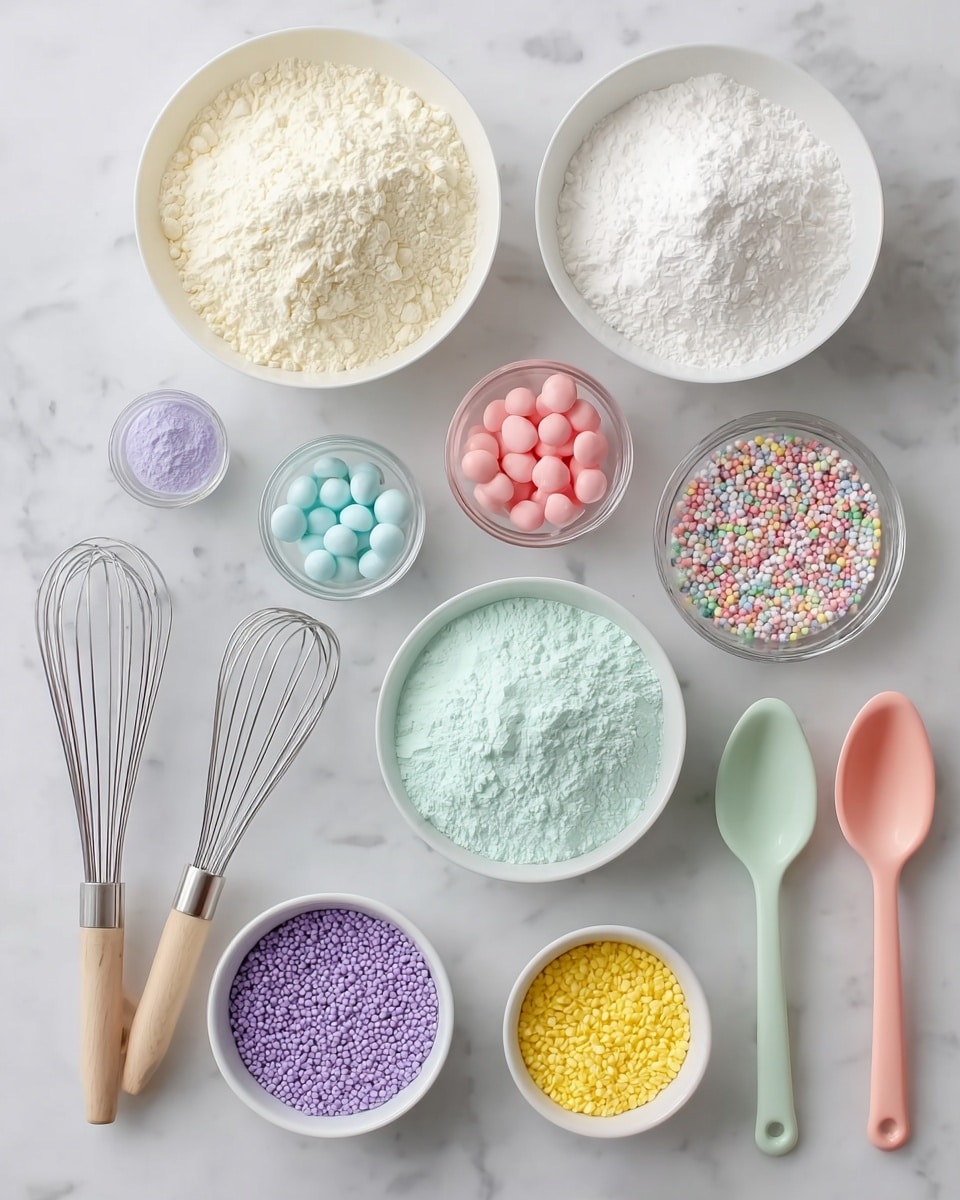 The image shows nine bowls of different sizes filled with various colorful powders and candies, arranged neatly on a white marbled texture. The top row has a white bowl of off-white powder on the left and a white bowl with white powder to the right. In the middle row, from left to right, there is a small white bowl filled with pink round candies, a small clear glass bowl with light blue round candies, a white bowl with light blue powder, and a small clear glass bowl with multicolored round candies. The bottom row has a white bowl filled with purple small beads on the left and a white bowl with yellow small beads on the right. To the left of the bowls, two metal whisks with light wooden handles sit side by side. On the right side, three pastel-colored spoons in mint green, pale pink, and coral pink are arranged vertically. The whole setup is neatly organized and well-lit. photo taken with an iphone --ar 4:5 --v 7