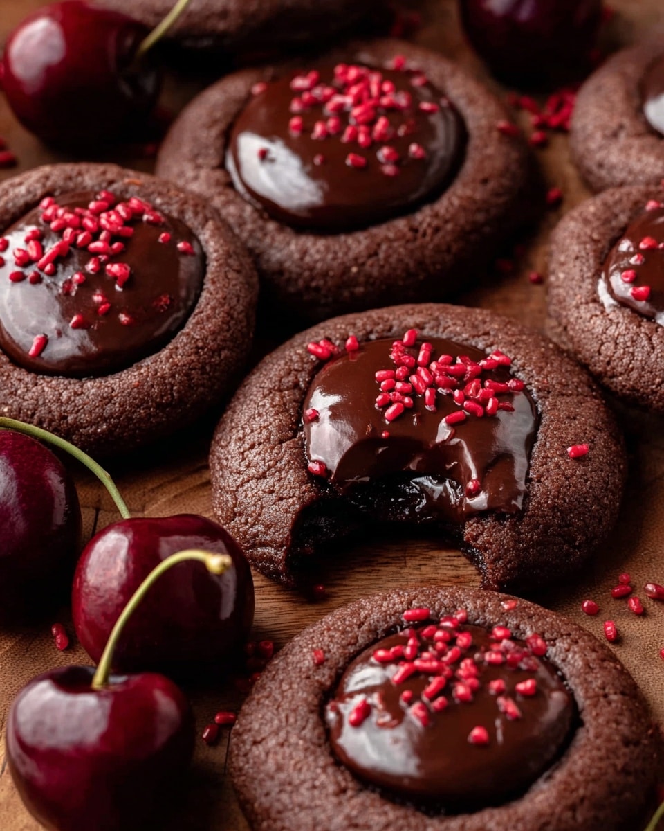 The image shows several dark brown chocolate cookies with a shiny, smooth chocolate center that looks soft and creamy. These cookies are round and have a slightly cracked texture on the edges of the chocolate part. Each cookie is topped with small bright red sprinkles, adding a pop of color. There are also dark red cherries with long stems placed among the cookies, adding a fresh look. One cookie has a piece broken off, revealing the rich, smooth chocolate inside. The cookies and cherries rest on a wooden surface with a warm tone. photo taken with an iphone --ar 4:5 --v 7