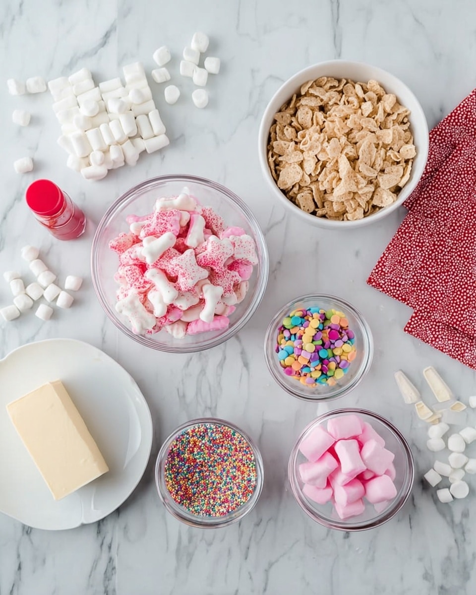 The image shows a white marbled surface with several clear glass bowls and a white plate arranged neatly. The largest bowl in the center holds pink and white small dog bone-shaped snacks with sprinkles on top. To the top right, there is a bowl filled with light brown crushed cereal pieces on a red and white polka dot cloth. Next to that is a small bowl full of rainbow-colored round sprinkles. On the right side, two medium-sized bowls have pink and white candy melts inside. On the bottom left, a white plate holds a stick of butter, and to its right, there is a small bottle of red food coloring placed upright. Scattered across the top left side of the surface are miniature white marshmallows. The photo taken with an iphone --ar 4:5 --v 7