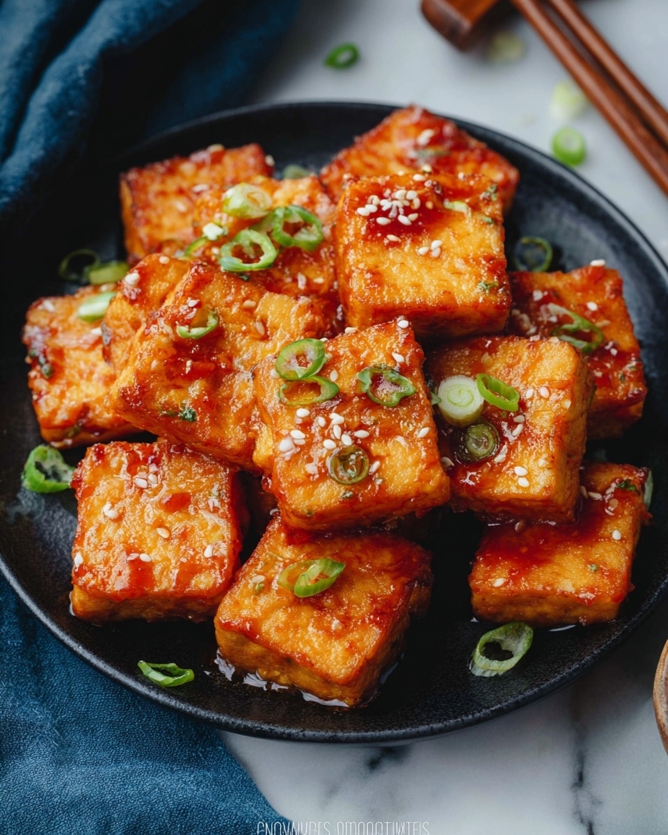 A black plate filled with golden-brown tofu squares covered in a shiny, reddish-orange sauce, scattered with thinly sliced green onions and small white sesame seeds. Each tofu piece has a crispy texture on the outside with a slightly glossy surface from the sauce. The plate is placed on a white marbled surface, with wooden chopsticks resting nearby and a blue cloth to the side. The overall look is warm and inviting, highlighting the rich colors and textures of the tofu and garnishes photo taken with an iphone --ar 4:5 --v 7