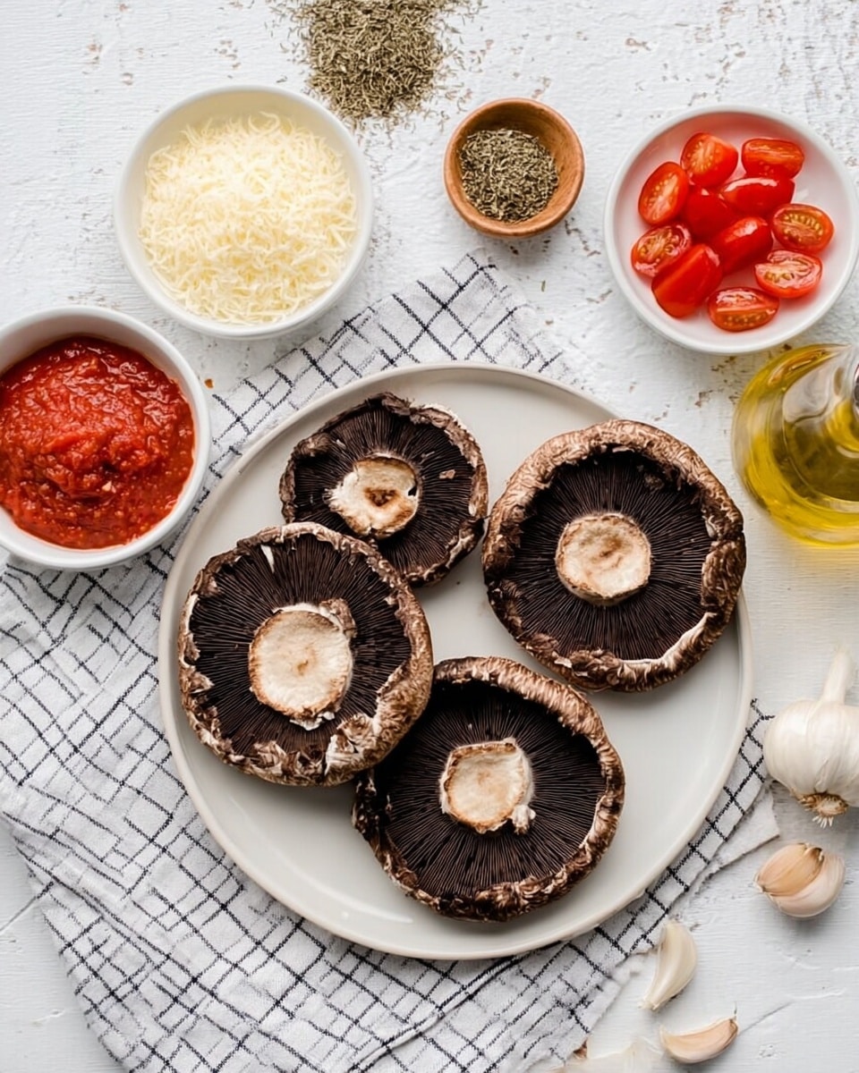 The image shows four large portobello mushrooms with dark brown gills facing up on a white plate, which is placed on a white and black checkered cloth on a white marbled surface. Surrounding the plate are small white bowls filled with grated cheese, red tomato sauce, and sliced red cherry tomatoes, along with a small wooden bowl of dried herbs, two peeled garlic cloves, and a clear glass bottle filled with golden olive oil. The overall setting is clean and organized with a neutral white marbled background. photo taken with an iphone --ar 4:5 --v 7
