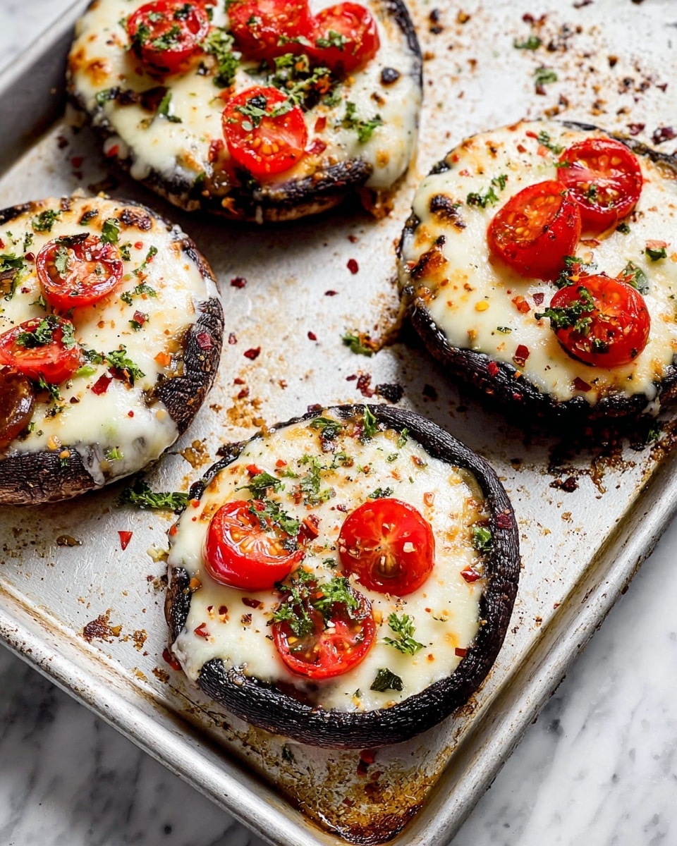 Four large round dark grilled mushroom caps lay flat on a silver metal baking tray with brown oven marks, each topped with a smooth layer of melted white cheese covering the surface. On top of the cheese, bright red small cherry tomato slices are scattered evenly, with green herb pieces sprinkled over and red chili flakes adding texture and color contrast. The tray rests on a white marbled surface. photo taken with an iphone --ar 4:5 --v 7