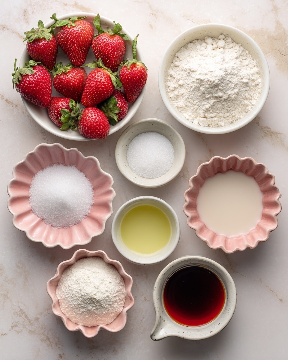 The image shows nine small white bowls arranged on a white marbled surface. The top left bowl contains fresh, whole strawberries that are bright red with green leafy tops. To the right is a bowl filled with white flour, showing a soft, powdery texture. Below the strawberries is a bowl with a pale yellow liquid oil, smooth and shiny. To the right of the oil is a bowl of white granulated sugar, with a crystalline texture and a round shape. Below the sugar, there is a pink scalloped bowl holding white baking powder that has a fine, powdery look. To the right of baking powder, there is a bowl with a pale beige liquid labeled dairy-free milk. Below the oil is a pink scalloped bowl that is empty. To the right is a small white bowl with a dark red, thick-looking pink food coloring liquid sitting in the center. The last bowl, placed bottom right, contains a dark brown liquid vanilla extract. The bowls and ingredients are neatly spaced in a simple and clean layout. Photo taken with an iphone --ar 4:5 --v 7