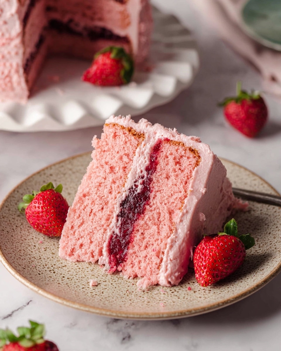 A slice of pink layered cake on a textured tan and white plate sits on a white marbled surface. The cake has two thick, spongy pink layers with a darker red jam filling in the middle. Light pink frosting covers the top and sides of the slice. Some red strawberries with green leaves are placed around the cake slice on the plate. In the background, there is a white plate with a scalloped edge holding more pieces of the same cake and strawberries, slightly blurred. Photo taken with an iphone --ar 4:5 --v 7