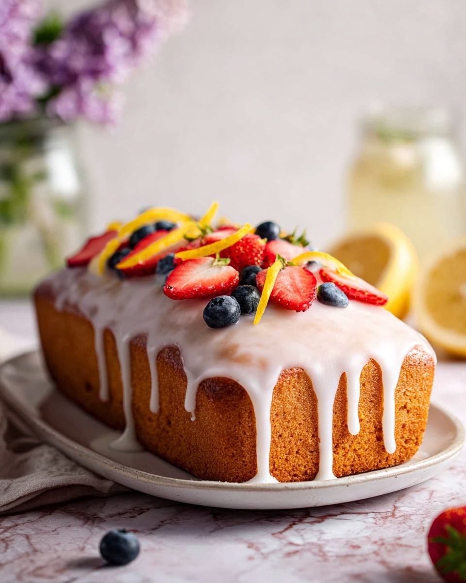 A single loaf cake with a smooth, light brown texture sits on a white plate, covered by a shiny white glaze that drips down the sides in thick loops. On top of the glaze, there are fresh red strawberry halves, blue blueberries, and thin yellow lemon peel strips placed evenly across the cake. The background has a soft white marbled texture with a blurred jar of cream and purple flowers on the left side. Photo taken with an iphone --ar 4:5 --v 7