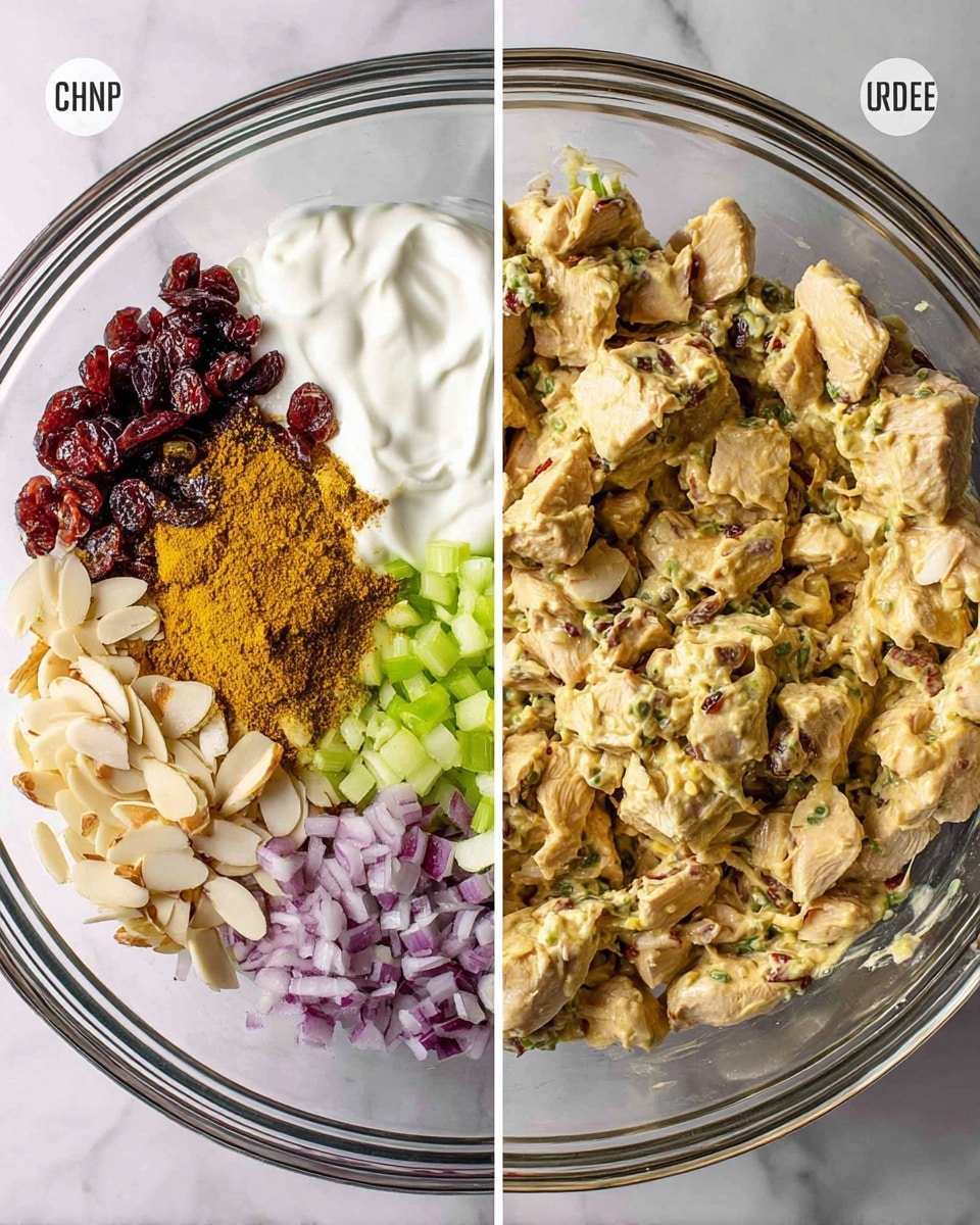 A clear glass bowl sitting on a white marbled surface shows a mixture of ingredients before and after combining. In the first part, the bowl is divided into sections with layers of creamy white yogurt at the bottom left, next to pale slivered almonds, dark red dried cranberries, light purple chopped onions, bright green chopped celery, light tan cooked chicken pieces, and a pile of golden yellow curry powder on top of the yogurt. In the second part, all ingredients are mixed together into a creamy, chunky textured blend of pale tan, cream, and bits of green, red, and purple spread evenly in the bowl. Photo taken with an iphone --ar 4:5 --v 7