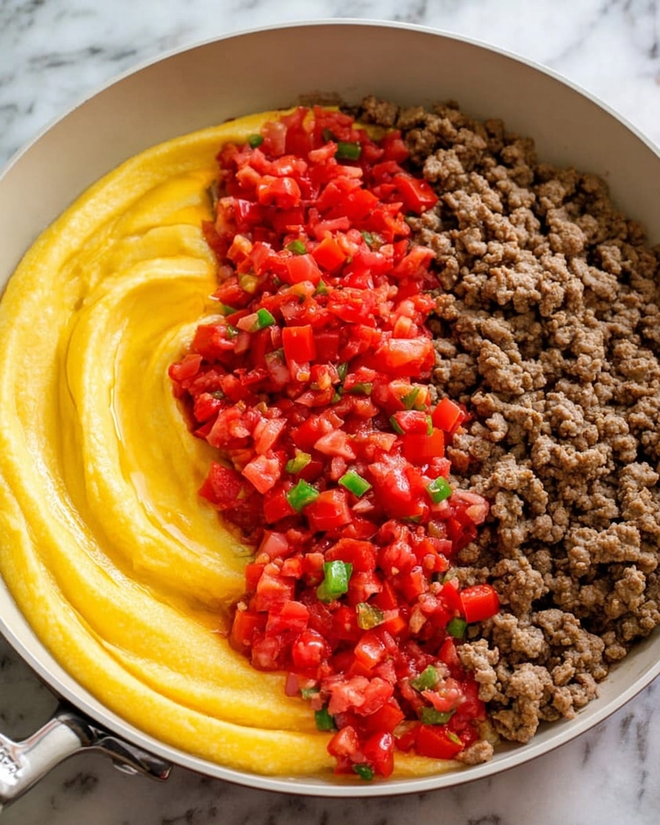 The image shows a top-down view of a white pan with three layers of food spread side by side inside it. On the left side, there is a smooth creamy yellow layer with a soft texture like thick mashed potatoes or cheese sauce. The middle layer consists of bright red diced tomatoes with small green bits mixed in, creating a chunky and juicy texture. On the right side, there is a layer of cooked minced meat that looks brown and crumbly, occupying about one third of the pan. The pan sits on a white marbled surface with soft natural light coming from the side. Photo taken with an iphone --ar 4:5 --v 7