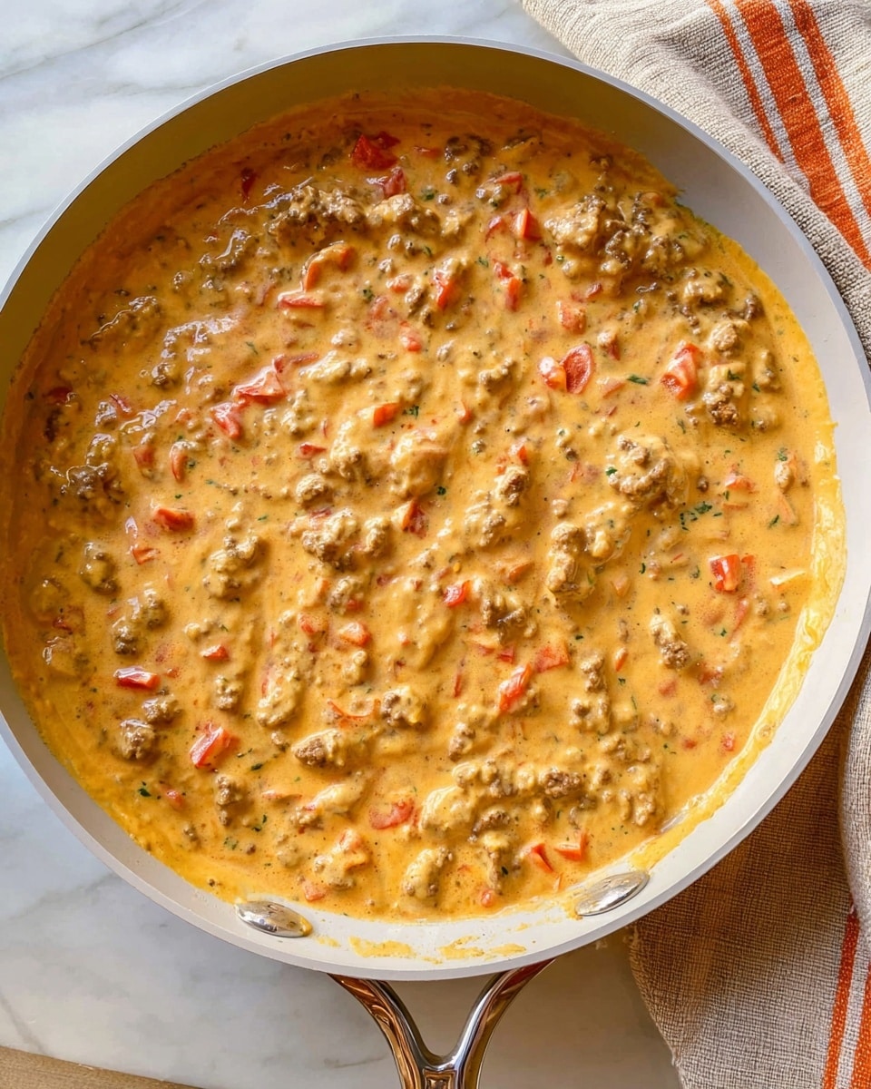 A close-up view of a single layer of creamy, cheesy mixture in a white pan with a shiny metal handle. The mixture is thick and rich, showing small chunks of browned meat and scattered bright red pieces of bell pepper throughout. The texture looks smooth with some lumpy bits, and the color is a warm orange-yellow with specks of green herbs. The pan is placed on a white marbled surface with a beige cloth towel with orange stripes beside it photo taken with an iphone --ar 4:5 --v 7