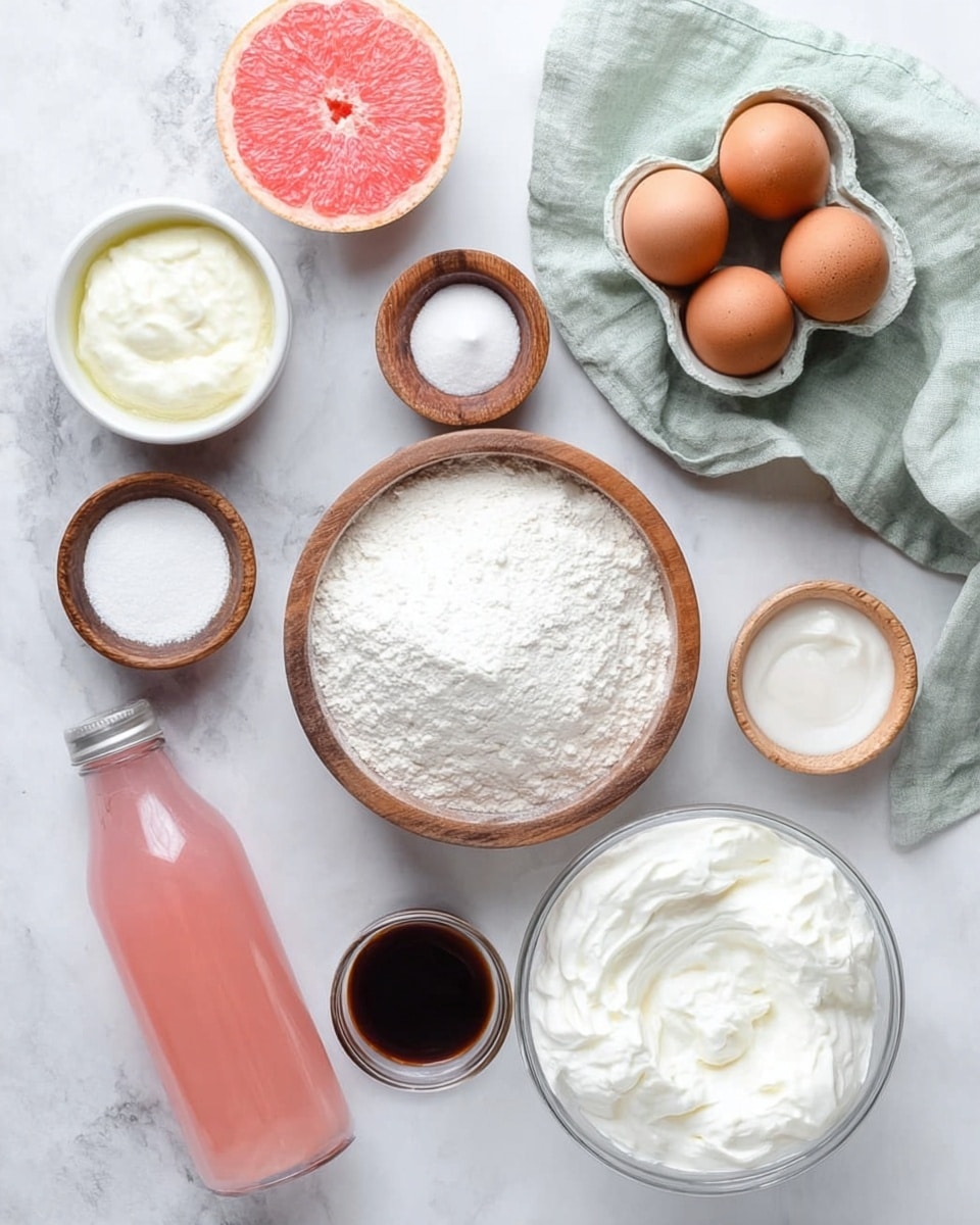 The image shows several ingredients arranged neatly on a white marbled surface. There is a wooden bowl full of white flour in the center. Around it, there are small white and wooden bowls holding white sugar, white powder, and a liquid. A large clear glass bowl filled with whipped white cream is placed at the bottom right. On the top right, there is a carton with three brown eggs resting on a light green cloth. On the top left, a white bowl contains creamy white substance and next to it is a cut pink fruit with bright interior and greenish outer skin. A glass bottle filled with pink liquid is placed diagonally near the center. A small white bowl with dark vanilla extract is also visible near the bottom. photo taken with an iphone --ar 4:5 --v 7