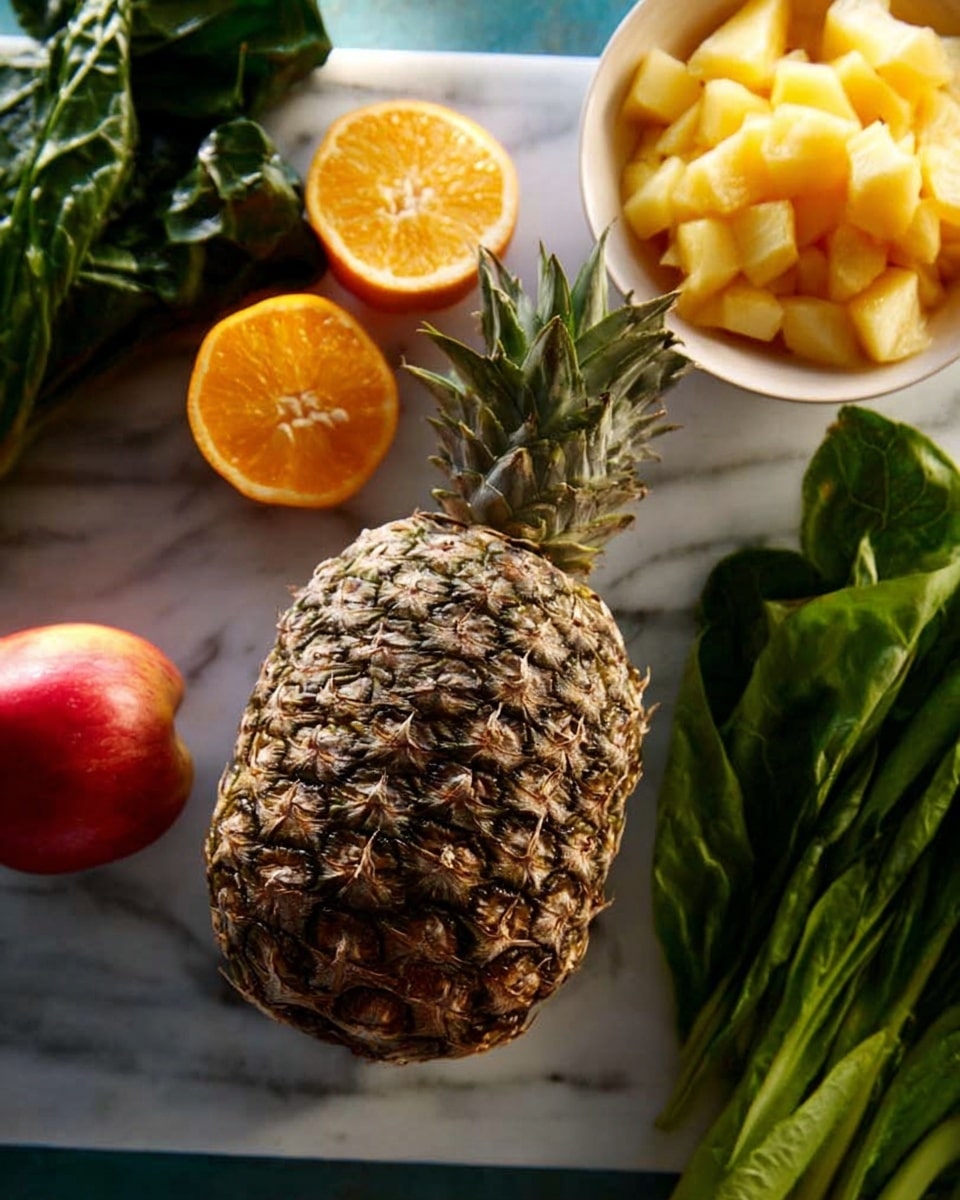 The image shows a whole pineapple with a rough brown skin placed on a white marbled surface. To the left of the pineapple, there are dark green leafy vegetables and a red apple. Next to the apple, there are two peeled orange slices, bright orange in color. Above the pineapple, there is a white bowl filled with yellow-orange frozen fruit chunks. To the far right, there are large green leafy vegetables. The scene is arranged with natural lighting, creating soft shadows around the fruits and leaves, photo taken with an iphone --ar 4:5 --v 7