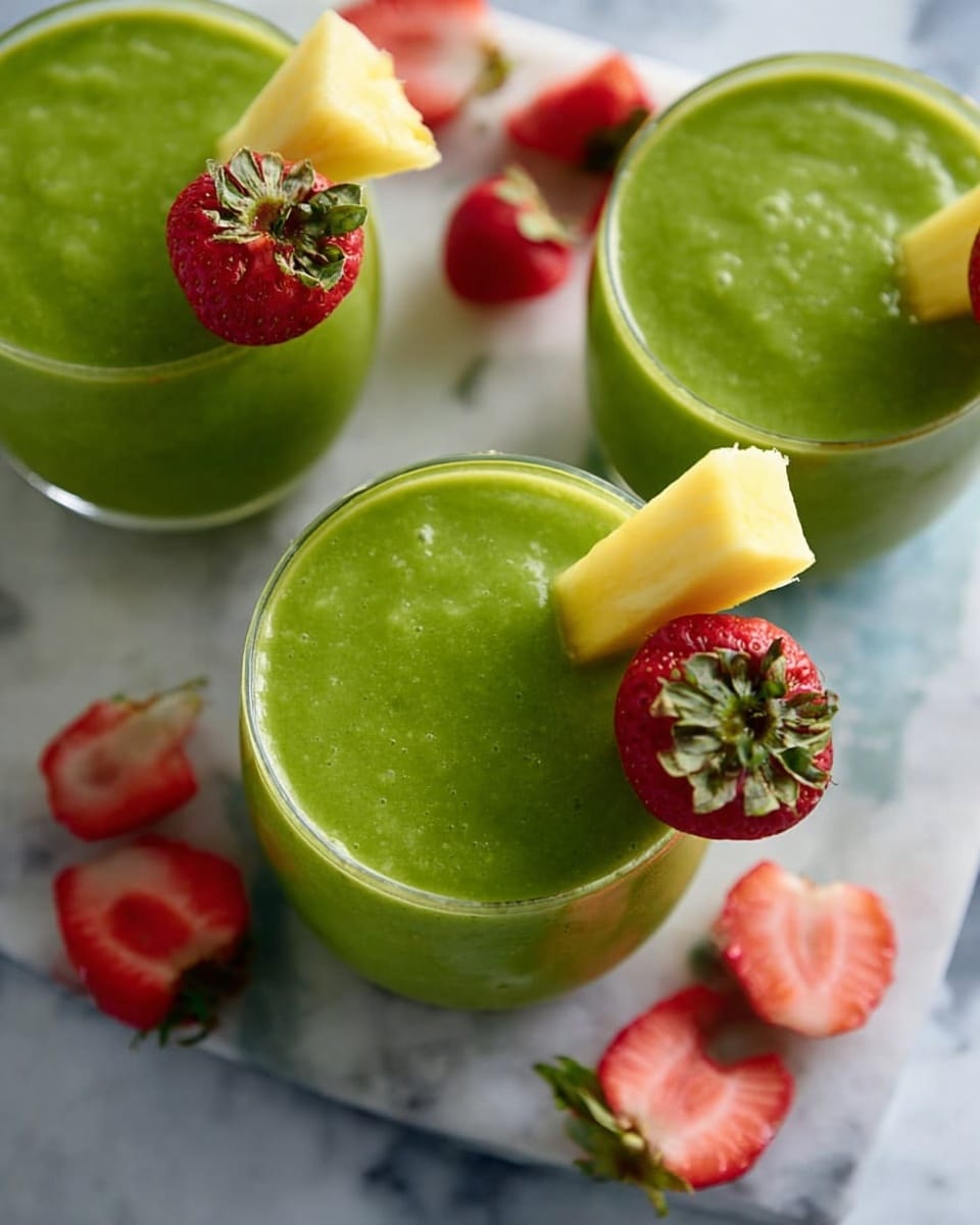 Three glasses filled with bright green smoothie are placed on a white marbled surface. Each glass shows a thick, smooth green layer that fills it fully, with a triangle piece of pale yellow pineapple and a red strawberry with green leaves sitting on the edge of two glasses. Scattered around the glasses are more strawberry and pineapple pieces, adding red and yellow colors to the white marble below. Photo taken with an iphone --ar 4:5 --v 7