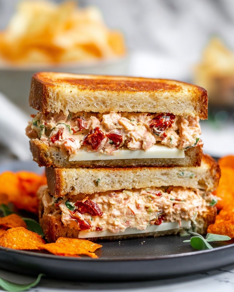 A close-up of a sandwich cut in half and stacked, showing two layers of thick, toasted bread with a light golden-brown crust. Each layer holds a creamy filling mixed with small chunks of red sun-dried tomatoes and hints of green herbs. Between the layers of filling are slices of white cheese with a smooth texture. The sandwich sits on a dark plate with some scattered orange and white chips around it. The background features a white marbled surface and a blurred bowl of chips in the distance, with soft natural light highlighting the textures. Photo taken with an iphone --ar 4:5 --v 7