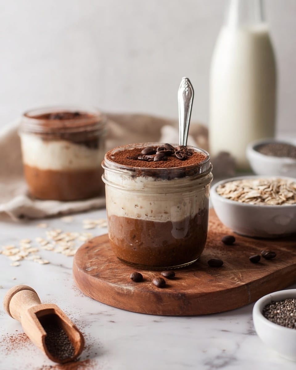 A clear glass jar with three visible layers sits on a round wooden board over a white marbled surface; the bottom layer is thick and dark brown, the middle layer is creamy and light beige, and the top layer is dark brown with a dusting of cocoa powder and a few coffee beans on top, with a silver spoon standing upright in the jar. In the background, another similar jar is slightly blurred, also with the same three layers, and there is a tall glass bottle filled with milk. Around the jars, there are scattered coffee beans, oats in a wooden scoop, and small white bowls containing cocoa powder and chia seeds. The photo taken with an iphone --ar 4:5 --v 7