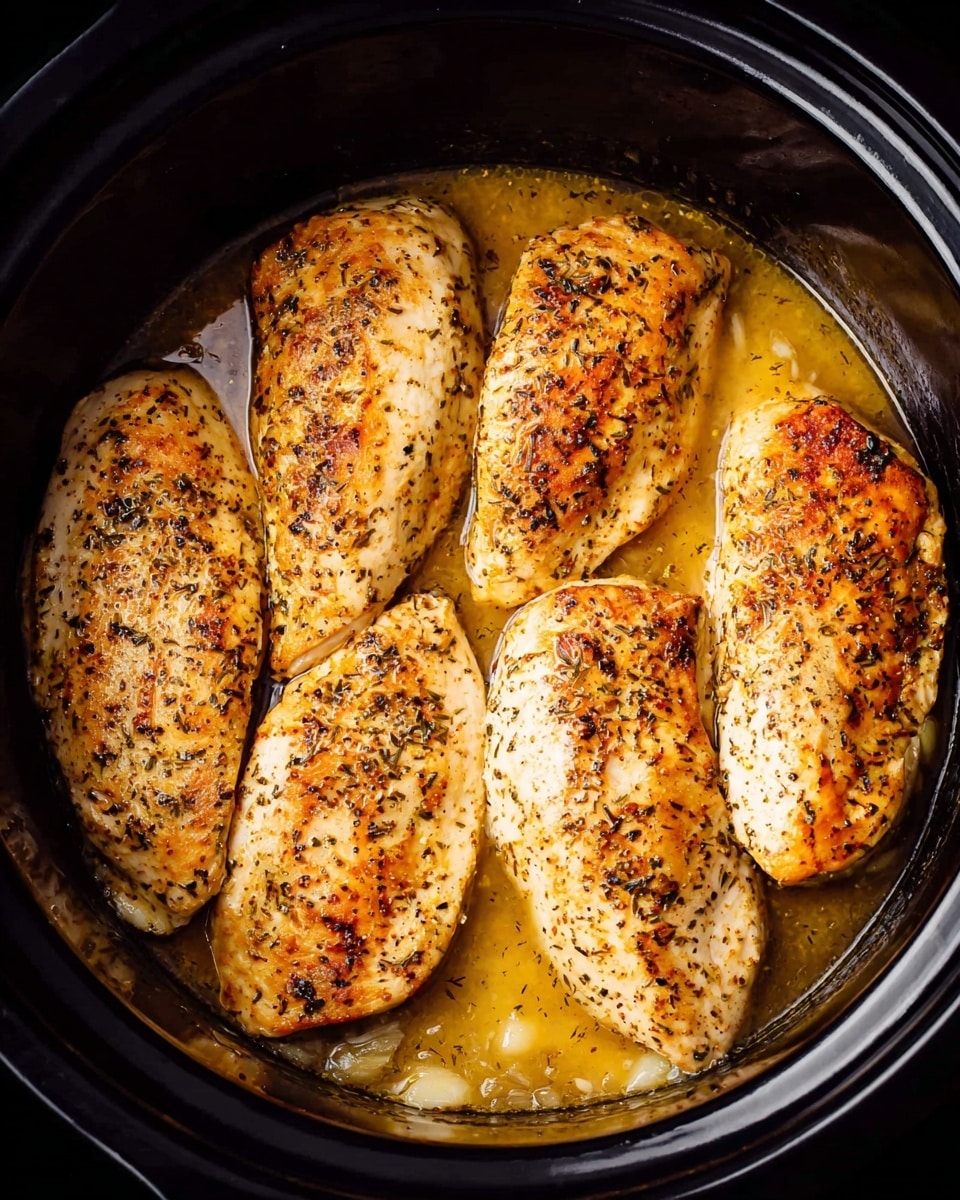 Four cooked chicken breasts with a golden brown color and specks of black pepper and herbs are placed side by side in a black slow cooker. The chicken pieces are surrounded by a light yellow broth with some small bits of cooked garlic or onion floating in it. The chicken texture looks firm with a slightly crispy outer layer, and the broth creates a shiny, moist appearance on the surface of the meat. photo taken with an iphone --ar 4:5 --v 7