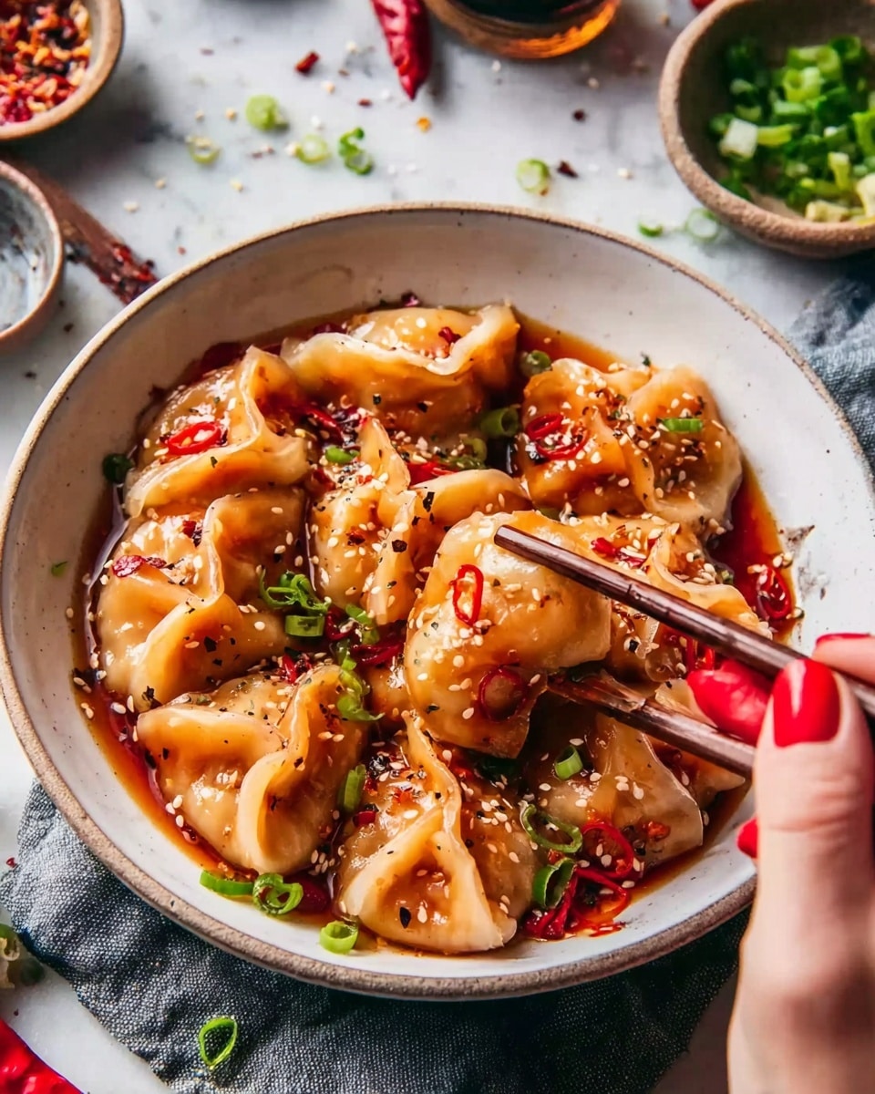 A white bowl filled with several dumplings covered in a shiny reddish-orange sauce. The dumplings have a smooth, slightly translucent dough with folds and are sprinkled with small white sesame seeds, red chili flakes, and chopped green onions. Bright slices of red chili pieces are visible among the dumplings, adding contrast. A woman's hand with red-painted nails is holding chopsticks picking up one dumpling from the bowl. The bowl is placed on a white marbled surface with some scattered chili flakes and chili peppers around it. In the background, small bowls and ingredients add a rustic feel. Photo taken with an iphone --ar 4:5 --v 7