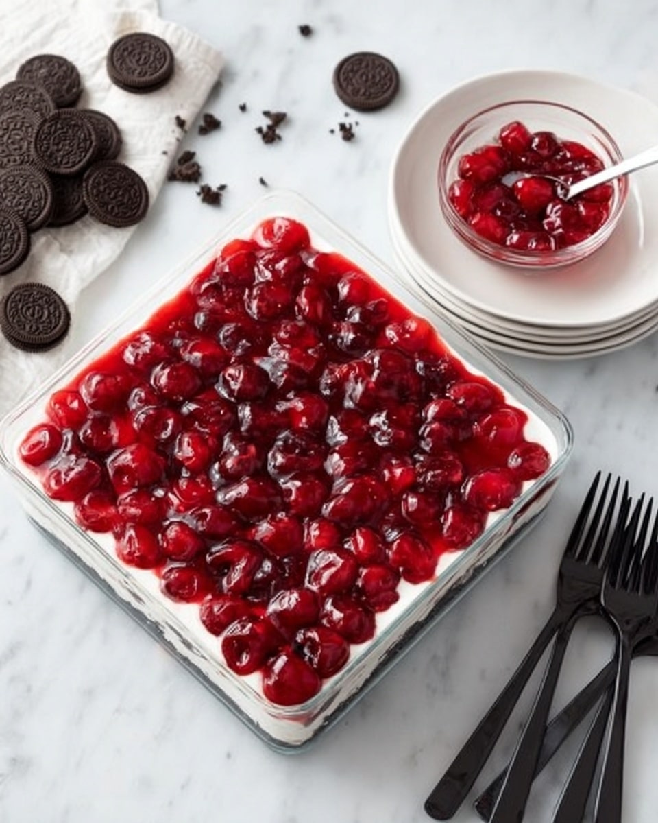 A square glass dish filled with three layers: the bottom layer is white creamy filling, the middle layer is made of crushed dark cookies, and the top layer is bright red cherries in shiny jelly that cover the whole surface. Next to the dish, there is a small clear bowl filled with the same red cherry topping and a spoon inside it. On the right side, a white plate holds three black forks. The setting is on a white marbled surface with some whole sandwich cookies nearby. Photo taken with an iphone --ar 4:5 --v 7