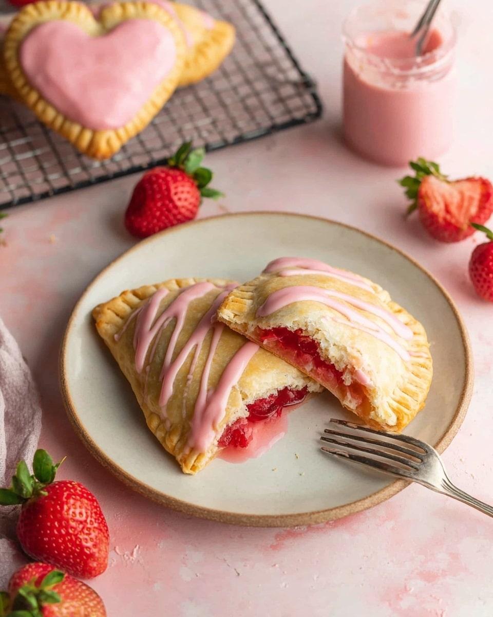 The image shows two rectangular pastries with light golden crusts on a white plate with a subtle beige edge. The larger pastry is whole, while the smaller one is broken in half, revealing a bright red strawberry filling inside. Both pastries are topped with a drizzle of glossy pink icing. A silver fork lies next to the broken pastry on the plate. In the background, to the top left on a black wire rack covered with parchment paper, there are two heart-shaped pastries, also topped with pink icing. Fresh red strawberries with green leaves are scattered around the plate on a soft pink surface with a white marbled texture. A small clear jar with pink icing and a silver spoon inside it is placed near the top right corner. photo taken with an iphone --ar 4:5 --v 7