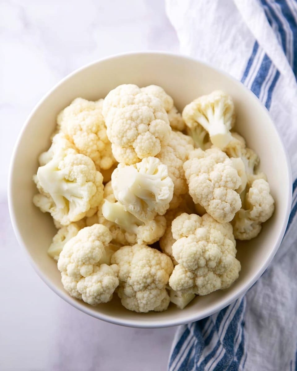 A white bowl filled with many cauliflower florets placed inside, showing their off-white color and bumpy texture with small stem parts visible at the bottom of each floret, all sitting on a white marbled surface with a folded white and blue striped cloth partially visible behind the bowl, photo taken with an iphone --ar 4:5 --v 7