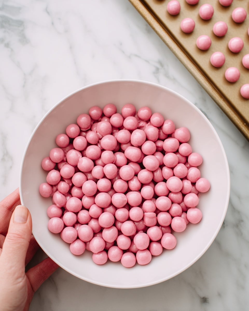 A round white scalloped dish filled with many small, light pink meringue cookies. Each meringue is smooth with a slightly glossy texture and small brown speckles, showing rounded tops and a few with slight peaks. The meringues are piled closely together, covering the entire dish. The dish sits on a white marbled surface. photo taken with an iphone --ar 4:5 --v 7
