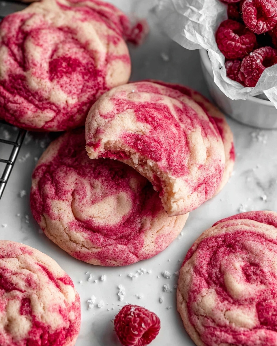 The image shows five thick, round cookies with a bright pink and red swirl pattern throughout, giving them a textured and slightly crumbly look. One cookie in the center has a bite taken out of it, revealing a soft interior with the same pink and red swirl. Around the cookies, there are a few whole raspberries, some powdered sugar sprinkled on top, and a white bowl filled with frozen raspberries wrapped partly in parchment paper to the right. The cookies and raspberries are placed on a white marbled surface with a metal cooling rack underneath some of the cookies. photo taken with an iphone --ar 4:5 --v 7