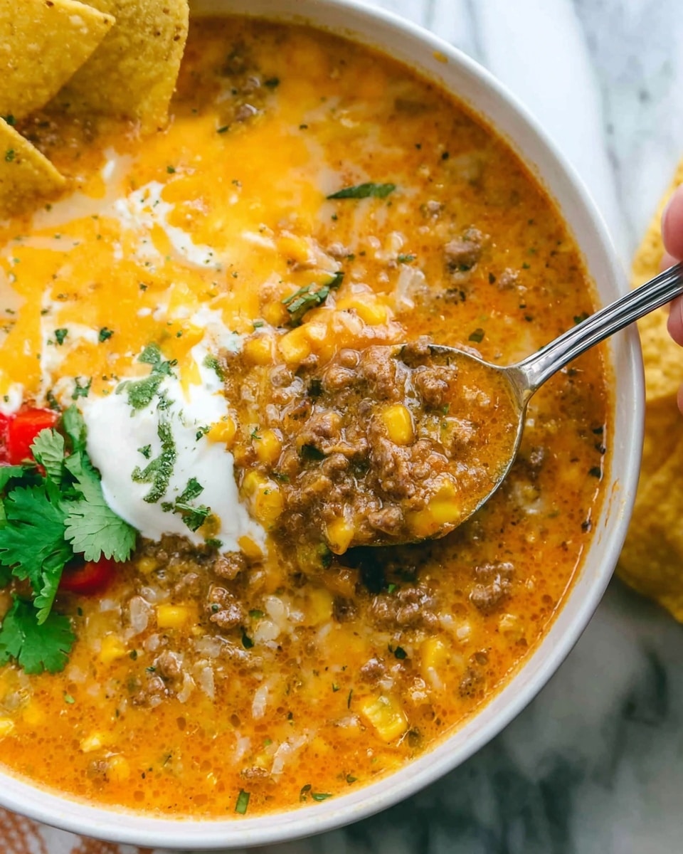 The image shows a close-up of a white bowl filled with creamy soup that has a rich orange color with melted cheddar cheese on top. The soup has visible pieces of ground beef, corn kernels, and bits of rice, all mixed in the sauce. There is a dollop of sour cream with small bits of green herbs near the side of the bowl, along with a small piece of a fresh green cilantro leaf and a red chili slice. A woman's hand holds a spoon that is partially inside the soup. Near the bowl, there are crispy tortilla chips resting on a white marbled surface. The photo taken with an iphone --ar 4:5 --v 7