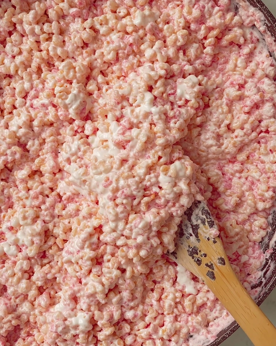 The image shows a close-up of a large pan filled with a sticky mixture of puffed cereal coated in a light pink syrup. The texture looks soft and chewy with some white melted marshmallow strands visible and mixed throughout. A wooden spatula with dark spots is partially resting on the right side of the pan, touching the cereal mixture. The mix has an uneven surface with bits sticking together, mainly in soft pink shades with some white highlights. The background surface is a white marbled texture photo taken with an iphone --ar 4:5 --v 7