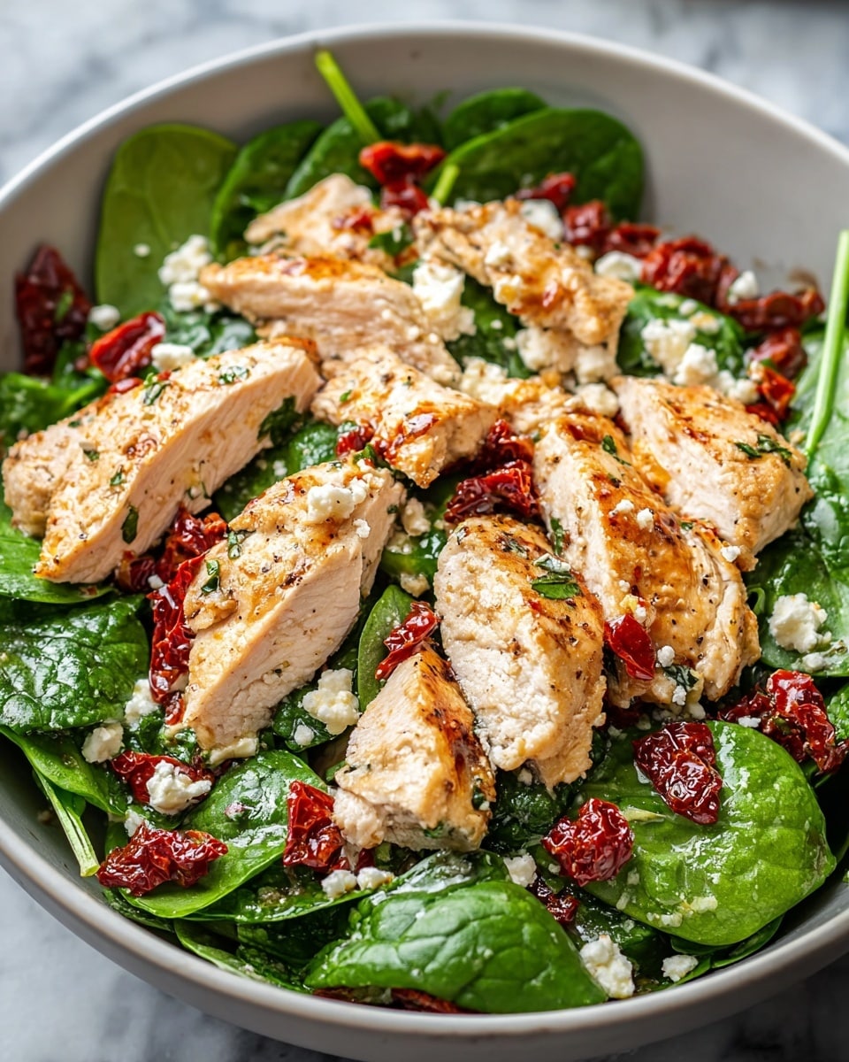 A white bowl filled with fresh dark green spinach leaves as the base layer, scattered with bright red sun-dried tomato pieces, and topped with medium-sized, golden-brown grilled chicken slices that show a juicy white inside with herbs sprinkled on top. Small bits of crumbled white cheese are spread lightly over the salad, giving a creamy texture contrast. The bowl sits on a white marbled surface. Photo taken with an iphone --ar 4:5 --v 7