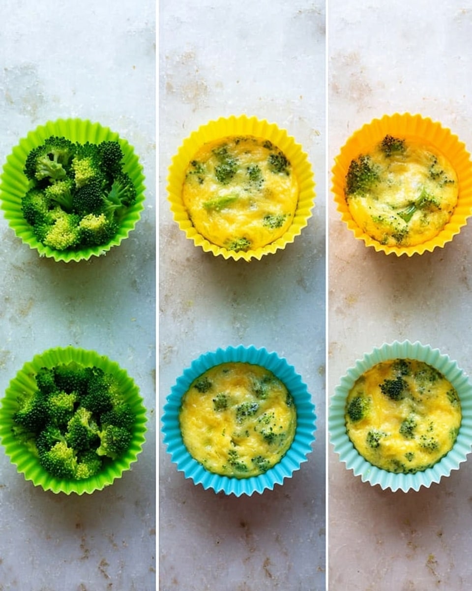 The image shows three steps of making broccoli egg muffins in colorful silicone cups placed on a white marbled surface. In the first step at the left, bright green broccoli pieces fill green, yellow, and light blue silicone cupcake cups. In the middle step, the cups are filled with a light yellow egg mixture with visible green broccoli pieces inside, filling each cup almost to the top. In the last step on the right, the muffins are baked and have a fluffy, golden-yellow surface with green broccoli spots, slightly puffed above the edges of the cups. The silicone cups stay the same bright colors, and the whole scene is clear and bright with natural light. photo taken with an iphone --ar 4:5 --v 7