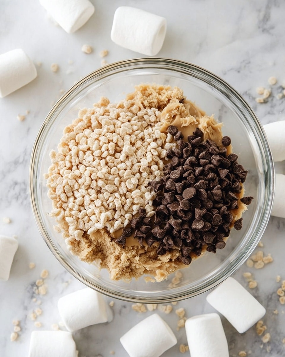 A clear glass bowl on a white marbled surface holds a mixture with three visible layers: light tan dough forming the base and sides, a pile of small beige puffed cereal pieces on the left side, and a cluster of dark brown chocolate chips on the right side. Around the bowl, there are several large white marshmallows scattered on the white marbled surface. The lighting is soft and natural, giving the scene a casual and clean look photo taken with an iphone --ar 4:5 --v 7