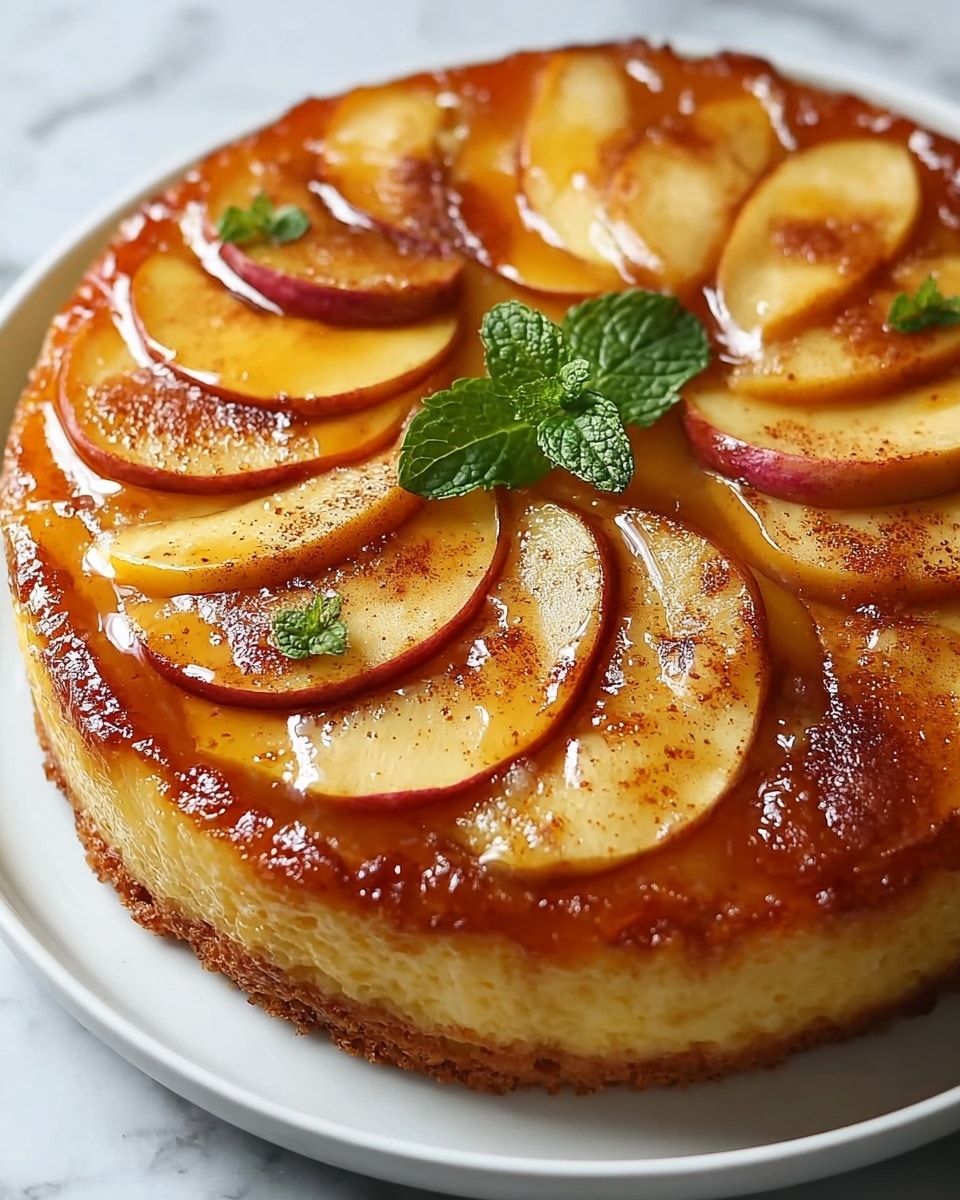 The image shows a round cake with one visible layer, topped with a shiny, caramel-colored glaze. On top, there are thin slices of apple arranged in a circular pattern, each slice showing a gradient of light yellow to red edge. Small green mint leaves are placed in the center and scattered lightly over the apples. The cake has a moist, yellow base with slightly browned edges. It is presented on a simple white plate, sitting on a white marbled surface. Photo taken with an iphone --ar 4:5 --v 7