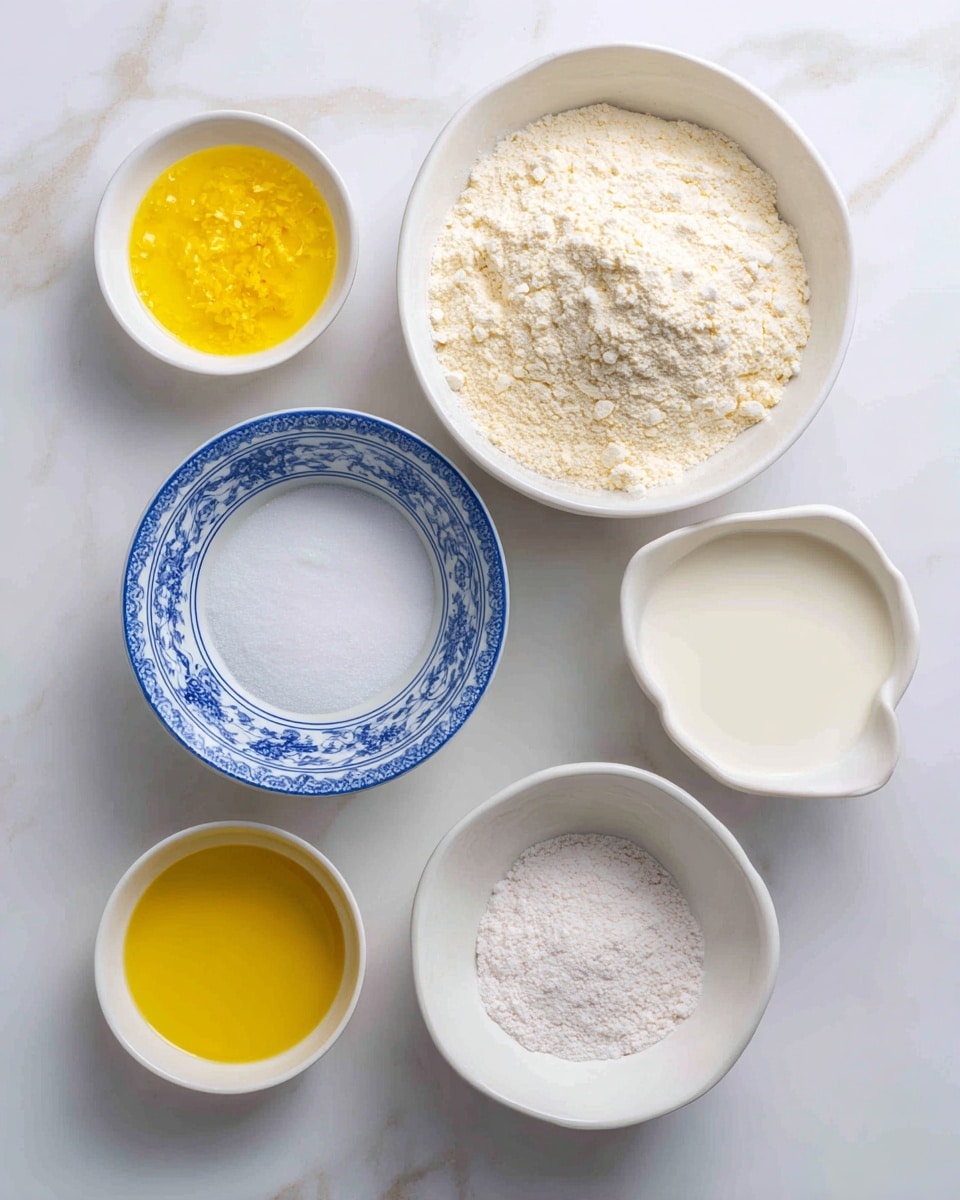 The image shows six small white bowls placed on a white marbled surface. The largest bowl at the top right is filled with light beige flour with a slightly rough texture. To its left, a small bowl contains bright yellow lemon juice mixed with zest, showing tiny bits of zest floating in the liquid. Below the lemon juice is a medium-sized white bowl with a blue pattern around the rim, filled with fine white sugar, looking smooth and granular. To the right of the sugar, there is a clear white bowl with creamy off-white dairy-free milk with a smooth surface. Below the sugar, another small white bowl holds shiny golden extra virgin olive oil with a clear, glassy liquid texture. The last bowl, at the bottom right next to the milk, is white and contains a mix of white baking powder and a small amount of light pink salt, both powders fine and soft. The setup is neat and well spaced, placed on a clean white marbled surface. Photo taken with an iphone --ar 4:5 --v 7