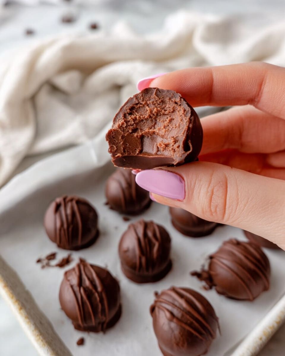 A woman's hand with light pink nail polish holds a bitten chocolate truffle close to the camera, showing its smooth, dense light brown filling inside a thin dark brown chocolate shell. Below, there is a white tray lined with parchment paper covered with several whole dark brown truffles that have a glossy, slightly textured surface with small ridges and swirls. The background features a soft white cloth and a white marbled surface. photo taken with an iphone --ar 4:5 --v 7