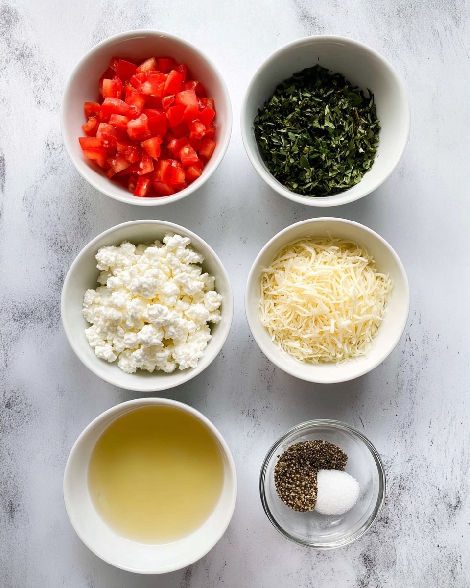 The image shows six small bowls arranged on a white marbled surface. At the top left, there is a white bowl filled with small, bright red diced tomatoes. Next to it on the top right, a white bowl holds dark green chopped leafy herbs. Below this pair, on the left, is a white bowl with white cottage cheese that has a soft, lumpy texture. To its right, another white bowl contains finely shredded pale yellow cheese. Below these, at the bottom left, there is a white bowl filled with a light yellow liquid that has small bubbles on the surface. Finally, at the bottom right, a small clear glass bowl holds a mix of black pepper and white salt. All bowls are neatly placed with a clean and simple look. photo taken with an iphone --ar 4:5 --v 7