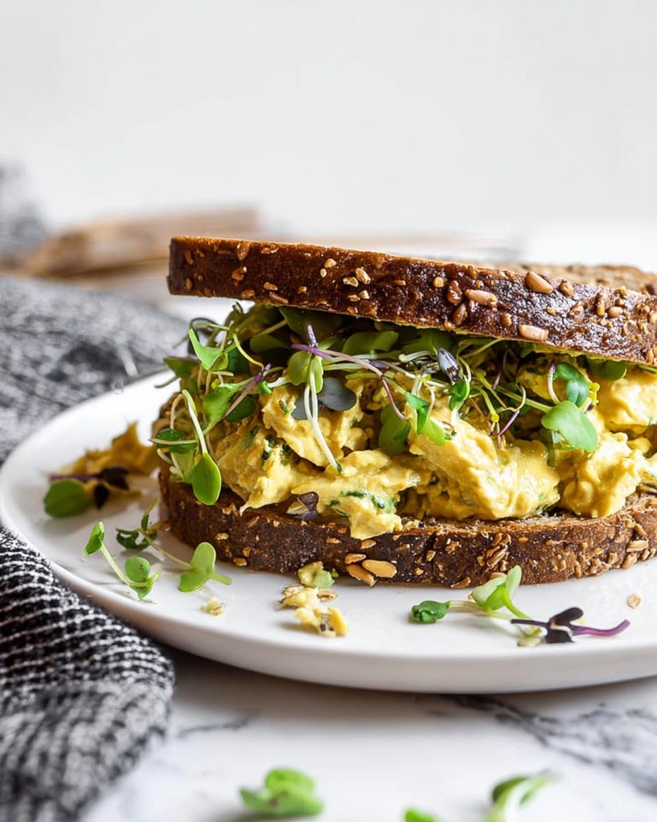 The image shows a sandwich made with two slices of dark brown multi-grain bread with visible seeds. Between the bread slices, there is a creamy yellow salad mixed with green sprouts and some darker green leaves scattered on top. The sandwich is placed on a white plate with a few small pieces of salad spilled around. The background is a white marble texture, and a gray woven cloth is partially visible in the foreground on the left side. photo taken with an iphone --ar 4:5 --v 7