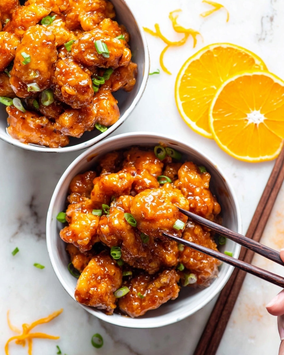 Two white bowls filled with bright orange glazed chicken pieces topped with small green onion slices are placed on a white marbled surface. The chicken pieces are textured with a sticky, shiny sauce, arranged in the bowls with about three layers of pieces visible. One bowl is closer to the front center, with a woman's hand using dark wooden chopsticks to pick up a piece, showing the rich sauce dripping slightly. The other bowl is slightly above and to the left, filled with similar chicken pieces. On the right edge, there are two bright orange slices with white pith visible, adding a fresh color contrast. Small orange zest shreds are scattered on the surface around the bowls. photo taken with an iphone --ar 4:5 --v 7