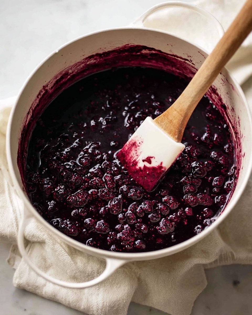 A white pot filled with a deep purple mixed berry sauce that has visible whole and crushed berries, showing a glossy, thick texture. A wooden spatula with a white silicone head, stained with the purple sauce, rests inside the pot. The pot sits on a light cream cloth on a white marbled surface. Photo taken with an iphone --ar 4:5 --v 7