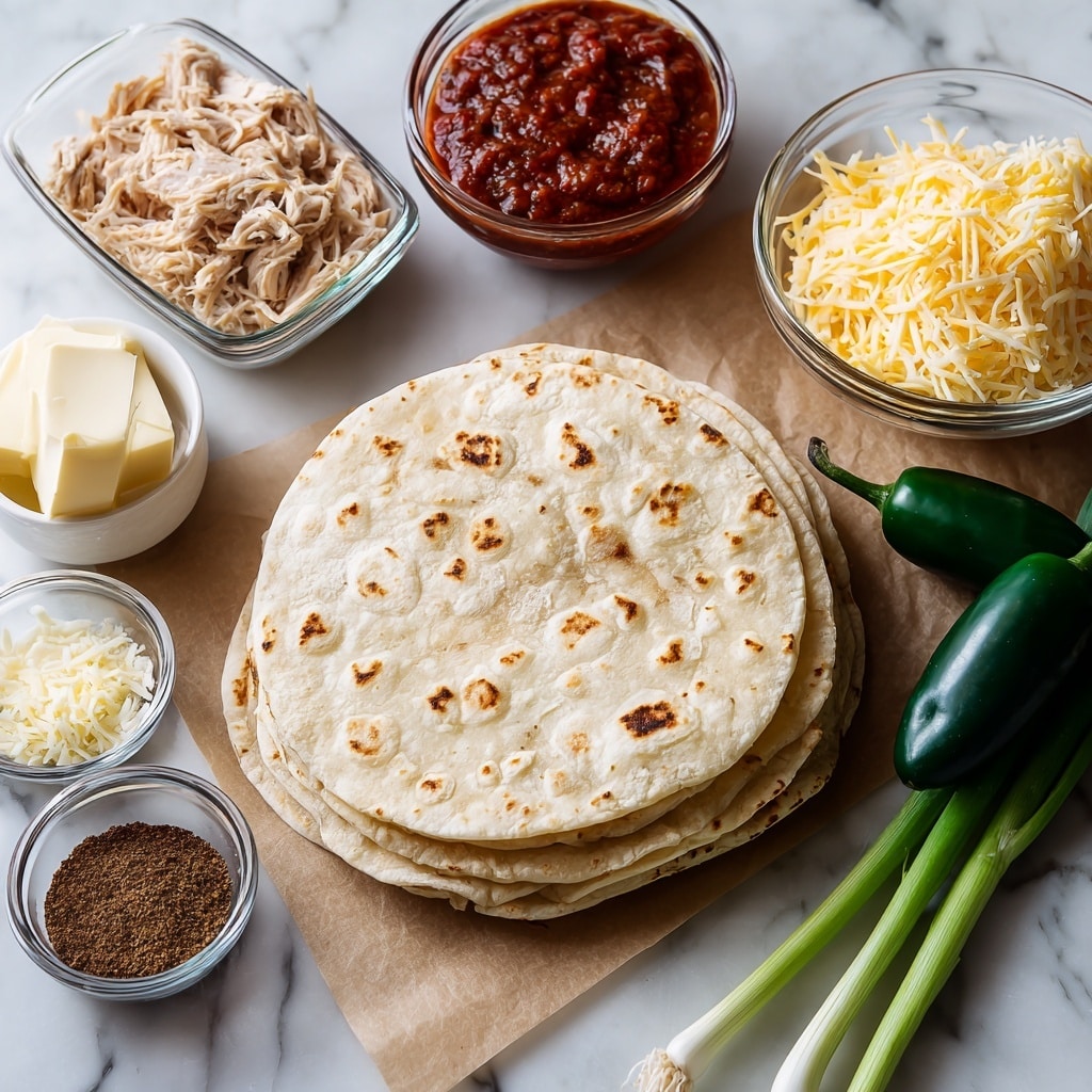 A stack of light beige tortillas with small brown spots sits on a piece of brown paper on a white marbled surface. To the right of the tortillas, there are two dark green jalapeños and a bundle of green onions with white bases and long green tops. Below, from left to right, is a glass bowl with light brown refried beans, a glass rectangular container of light tan shredded chicken, a clear bowl of mixed yellow and white shredded cheese, a transparent bowl of red chunky salsa, a small bowl of dark brown chili powder, a small bowl of light brown coriander, and a bowl with three small blocks of pale yellow butter. photo taken with an iphone --ar 4:5 --v 7