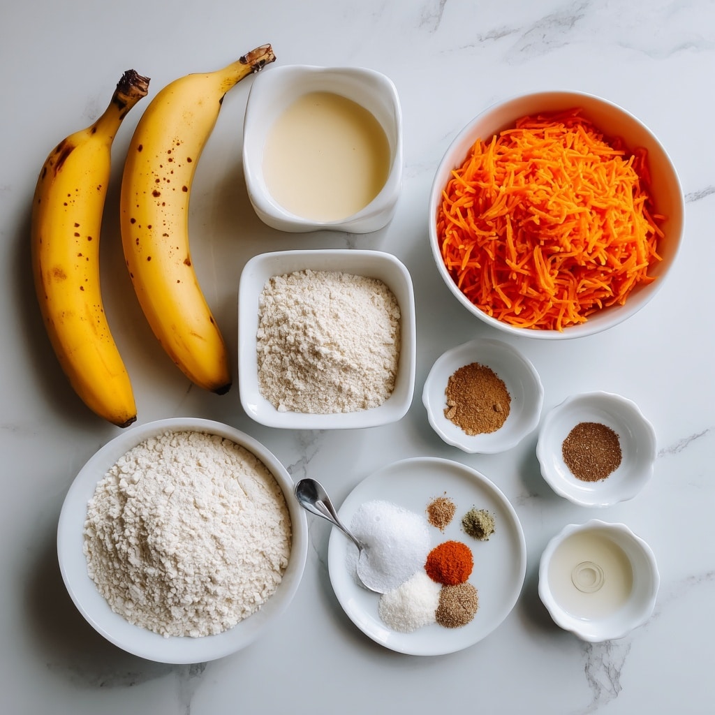 The image shows ingredients for a recipe arranged neatly on a white marbled surface. There are two whole yellow bananas with small brown spots on their peel placed near the bottom left side. Above them is a small white bowl filled with creamy flax eggs. To the right of the flax eggs is a larger white bowl containing bright orange shredded carrot with a fine texture. Below the bananas is another white bowl holding fine white coconut flour. Next to the shredded carrot is a small white square bowl full of white tapioca flour. A metal measuring spoon containing vanilla powder lies beside the tapioca flour. Toward the bottom center, a white round plate has small piles of baking powder, cinnamon powder, salt, and nutmeg spice. Lastly, a small white bowl with clear coconut oil is placed near the bottom right. The background is clearly a white marbled countertop. photo taken with an iphone --ar 4:5 --v 7