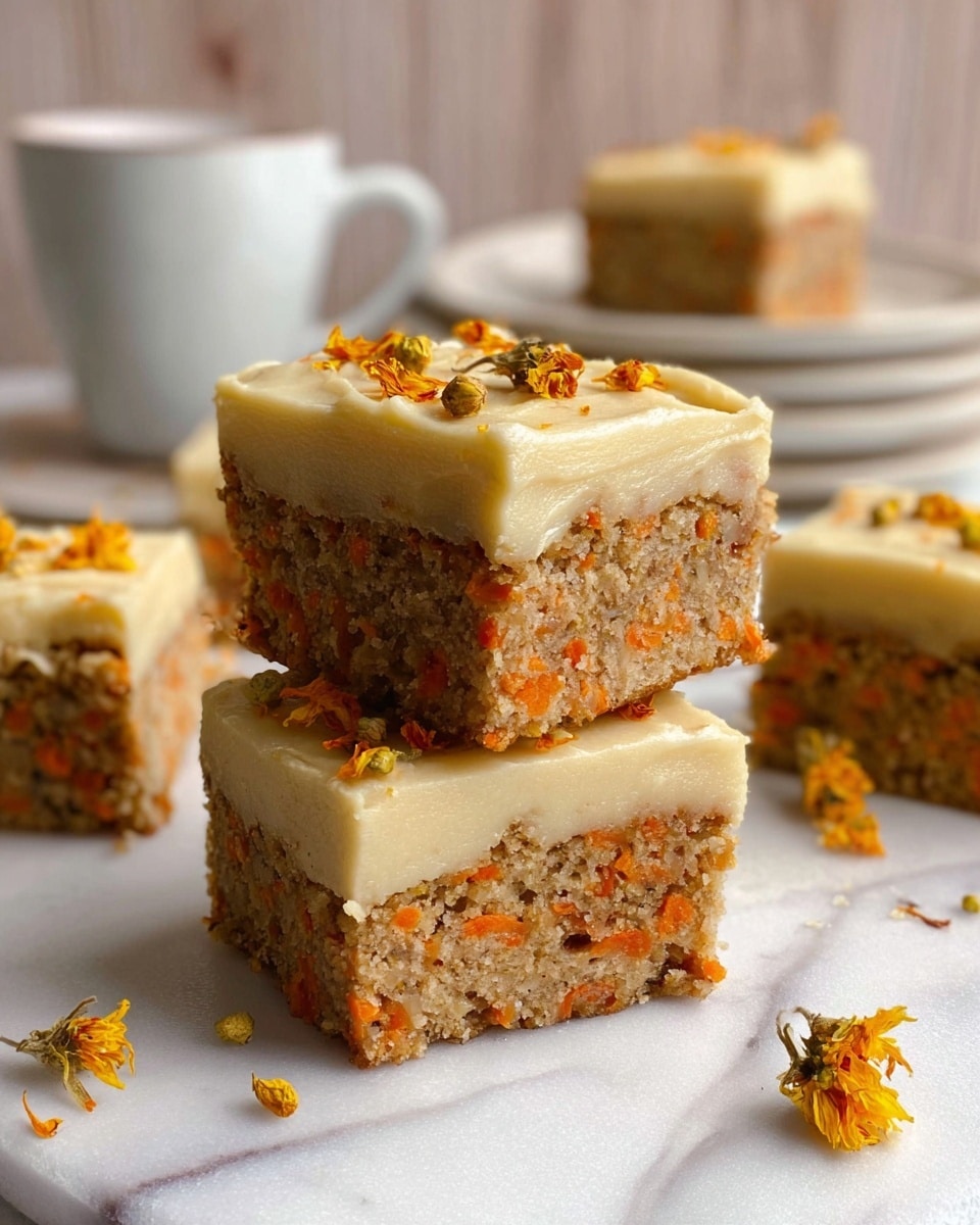 The image shows three square pieces of carrot cake stacked on a white marbled surface. Each piece has two layers: a thick, moist-looking bottom layer with visible small orange carrot bits and a smooth, creamy light yellow top layer of frosting. The top piece is garnished with small dried orange and yellow flower petals. In the background, there is a white cup with a handle and some blurred additional cake pieces on white plates, all against a light wooden texture wall. Photo taken with an iphone --ar 4:5 --v 7