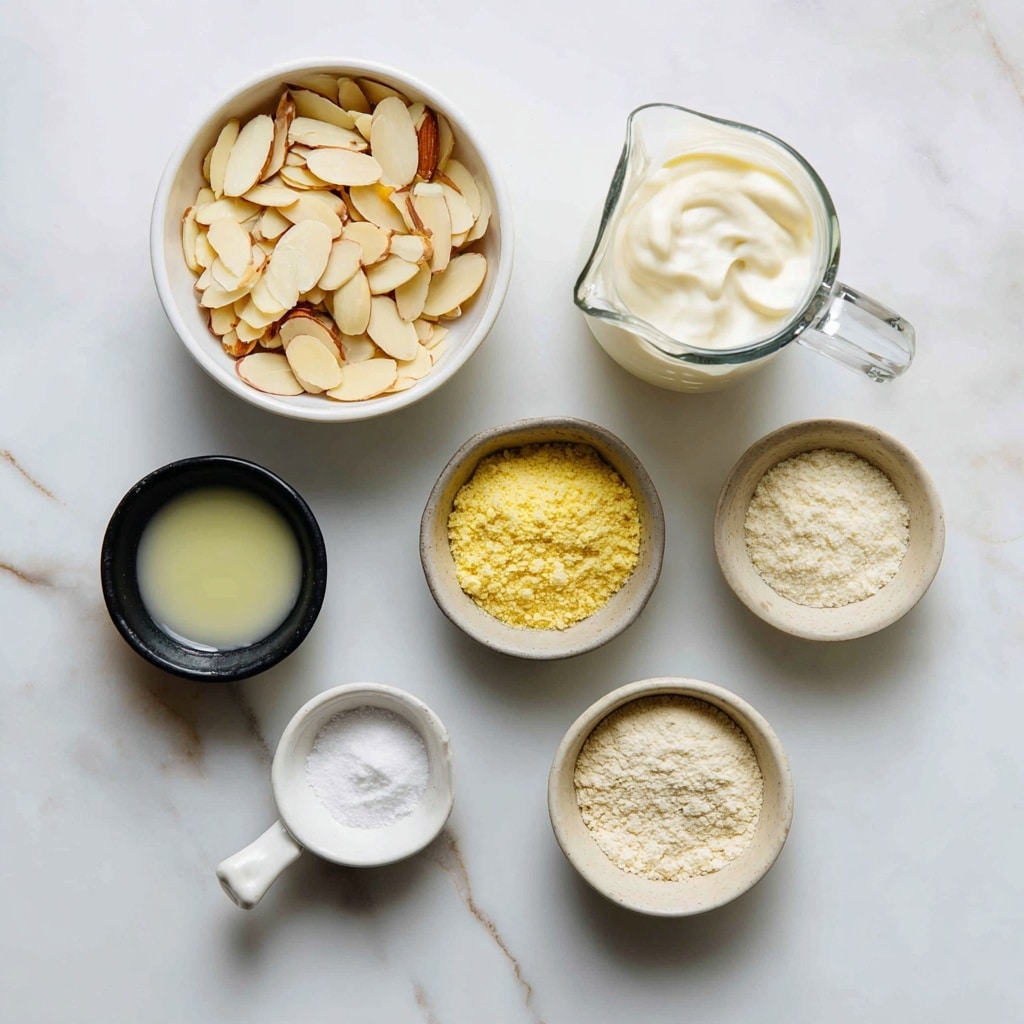 The image shows seven small containers arranged on a white marbled surface, each holding a different ingredient. In the top left, there is a white bowl filled with sliced light beige almonds. To the right, a small clear glass pitcher contains creamy white coconut cream. Below these, a small white bowl holds yellow nutritional yeast powder. On the left side, a small black bowl is filled with a clear liquid labeled lemon juice. Below it, a tiny white ceramic spoon holds white vinegar. To the right, a small black bowl contains light beige garlic powder, and next to it, a small beige bowl holds white salt. All ingredients are neatly arranged with clear labels. photo taken with an iphone --ar 4:5 --v 7