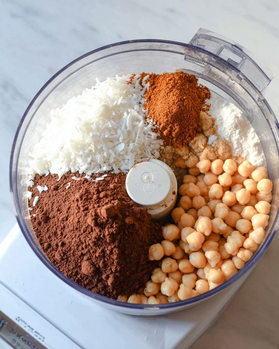A clear food processor bowl contains six distinct layers of ingredients arranged side by side inside. Starting from the left, there is a fluffy white layer of shredded coconut, followed by smooth, light brown peanut butter beneath it. Next to that is a dark brown powdery cocoa layer at the front center. To the right of that, there are round, pale beige chickpeas, and above them, a mound of reddish-brown powder, likely cinnamon or similar spice. Behind the coconut, there is a small amount of white powder. The bowl is placed on a white marbled surface with soft natural light coming from the left, and the image shows the top view of the setup. Photo taken with an iphone --ar 4:5 --v 7