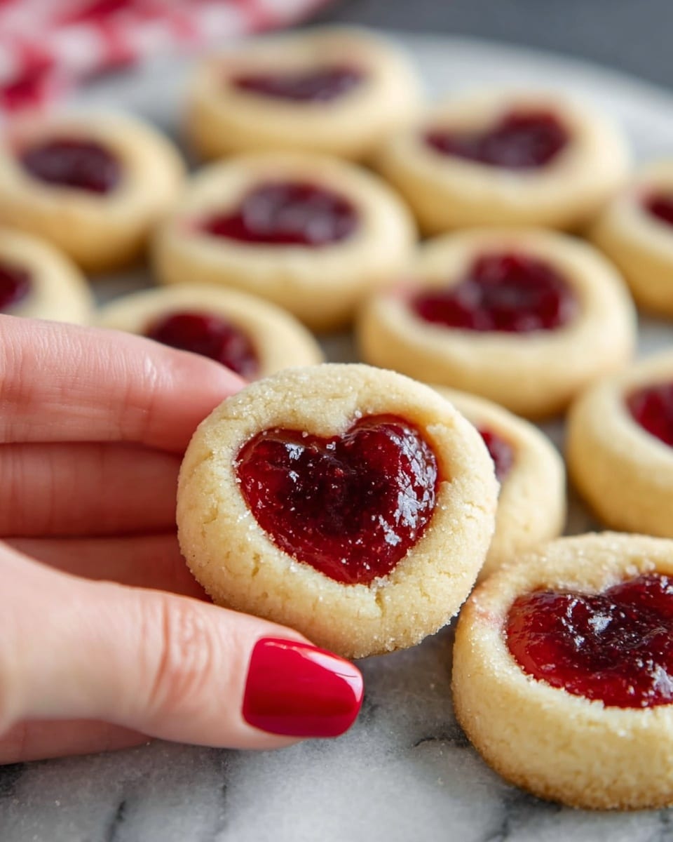 A close-up of several round thumbprint cookies arranged on a white marbled surface. Each cookie has a pale golden dough base forming one thick round layer, with a glossy, deep red jam filling in the center, shaped like a heart or rounded indentation. In the foreground, a woman's hand with red nail polish is holding one cookie, highlighting the soft texture of the dough and the shiny, slightly textured jam. Most cookies are overlapping slightly, showing a slight crumbly texture on the dough edges, all lit with soft natural light. photo taken with an iphone --ar 4:5 --v 7
