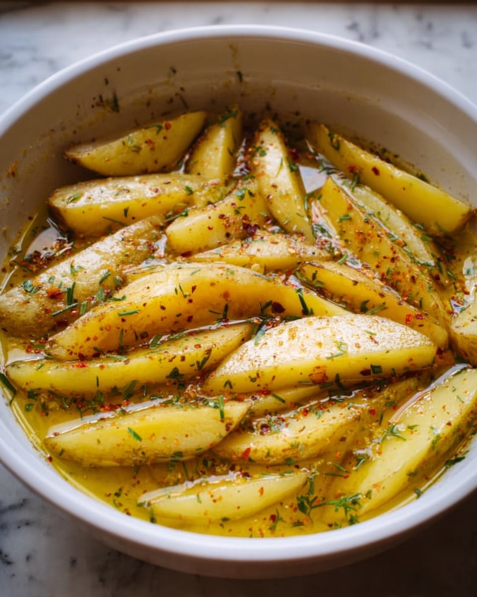 A white round dish filled with thick potato wedges placed in uneven layers, soaked in a yellowish oil sauce that has herbs and black pepper sprinkled on top, the sauce covers the wedges partially and shinily with bits of green herbs and reddish seasoning scattered across the surface, all set on a white marbled background photo taken with an iphone --ar 4:5 --v 7