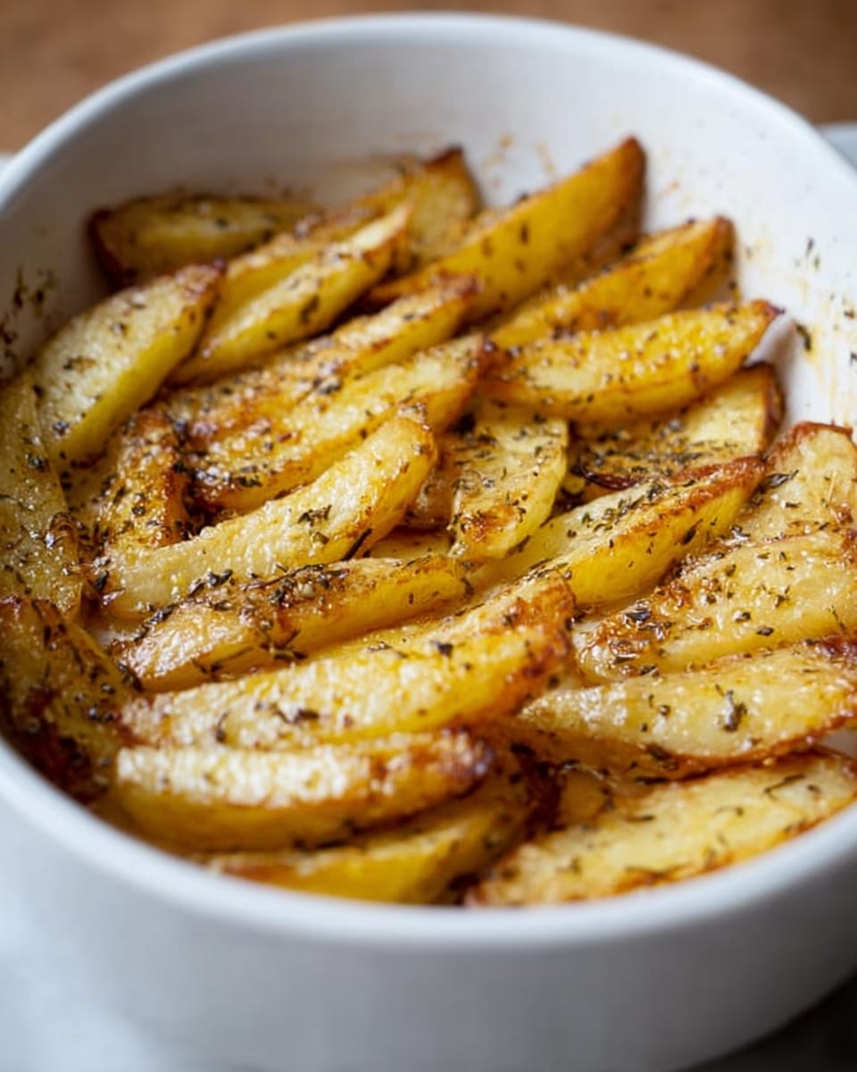 A white oval baking dish filled with one layer of golden-yellow potato wedges that have a slightly crispy texture on the edges. The potato wedges are sprinkled with black pepper and herbs, giving spots of dark green color on top. There is a light shine of oil over the potatoes, making them look moist and cooked. The white marbled surface beneath the dish is slightly visible on the edges, with no other items in the image. The photo is taken close-up, showing the texture and color details clearly. photo taken with an iphone --ar 4:5 --v 7